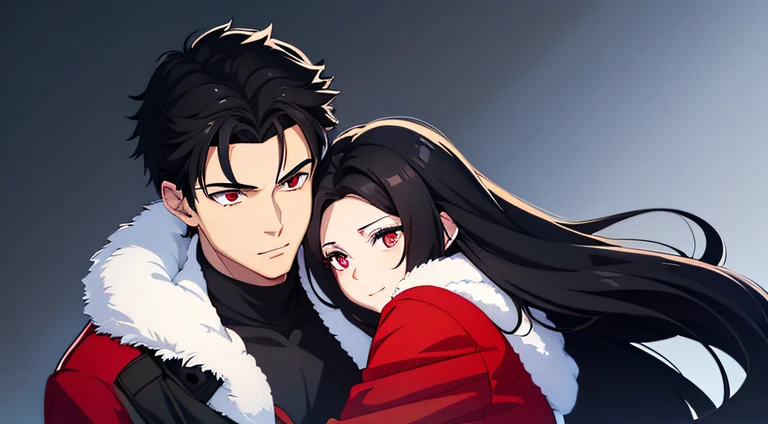 a red eyed girl with long black hair hugs a blue eyed boy with black hair both wearing christmas outfits