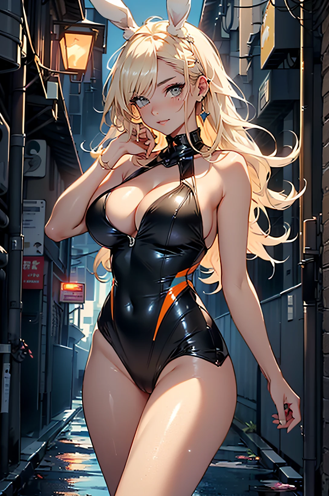 Cute Bunny Girl,(((1girl in))),((Anime bunny girl with very cute and beautiful blonde hair is walking seductively down the street)),(((Bunny Girl,Antro Furry Cute,bunnygirl))),(((Bunny ears,Rabbit ears on the head,Big rabbit ears))),


(Large breasts:1.4),Saggy breasts,(((Blonde hair:1.35,Colored inner hair,Ear breathing,Long hair))),((Heterochromia,Eye 1 Green Eye 2 Orange,Perfect eyes,upward-eyed:1.3,Beautiful detailed eyes,finely detailed beautiful eye:1,big highlight on eyes:1.2,slanted eye)),((Fat)),(((Lustrous skin:1.5,bright skin: 1.5,skin tanned,Shiny skin,Very shiny skin,Shiny body,plastic glitter skin,exaggerated shiny skin))),(spider lower abdomen,Narrow waist,wide-hips,athletic bodies,inflated legs,delicate detailed fingers,Detailed body,detailed arms,Human Hands,(Detailed face)),

Cute,sluttish,Seductive,Erotic,(((NSFW))),

(((Slingshot swimsuit))),(((gigantic cleavage breasts))),(detailed costume,detailed  clothes),

(Dynamic Pose:1.0),Solo Focus,embarrassed,Centered,scale to fit the dimensions,thirds rule,

Outdoors,((Night view)),(Cyberpunk Night Street Background: 1.5,dark sky,alleyway,Lonely alley,Thick clouds,Detailed background:1.25),

(Best Quality),(High resolution),(Sharp Focus),(ultra-detailliert),(Extremely detailed),(Very high quality artwork),8K_Wallpaper,(Highly detailed CG in 8K),(Very fine 8K CG),((hyper super ultra detailed perfect piece)),flawless,(((masutepiece))),Illustration,Vibrant colors,(Convoluted),High contrast,Selective lighting,double exposure,nffsw (High dynamic range),Post-processing,Background blur,