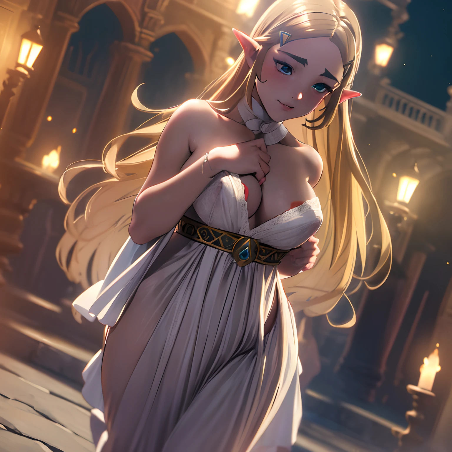 ((Princess zelda)), (masterpiece:1.2, best quality), realistic, (real picture, intricate details, depth of field), (1girl, solo), full body shot, highly-detailed, gorgeous perfect face, (skindentation), average waist, tall, ((long blond hairs)), beautiful dark green eyes, sexy, (Adult Temptress) Voluptuous, Curvy, (Seductive dynamic pose), Lustful gaze, Sultry Woman, Temptation, (((short white nightgown)), ((nighttime, walking, busy medieval town)), (bare shoulders), ((strapless)), fully in love, blushing, ((looking at viewer)), confident smile, ((visible areola)), ((full body shot)), (bare legs), ((GTS:1.5)), giantess, wide shot