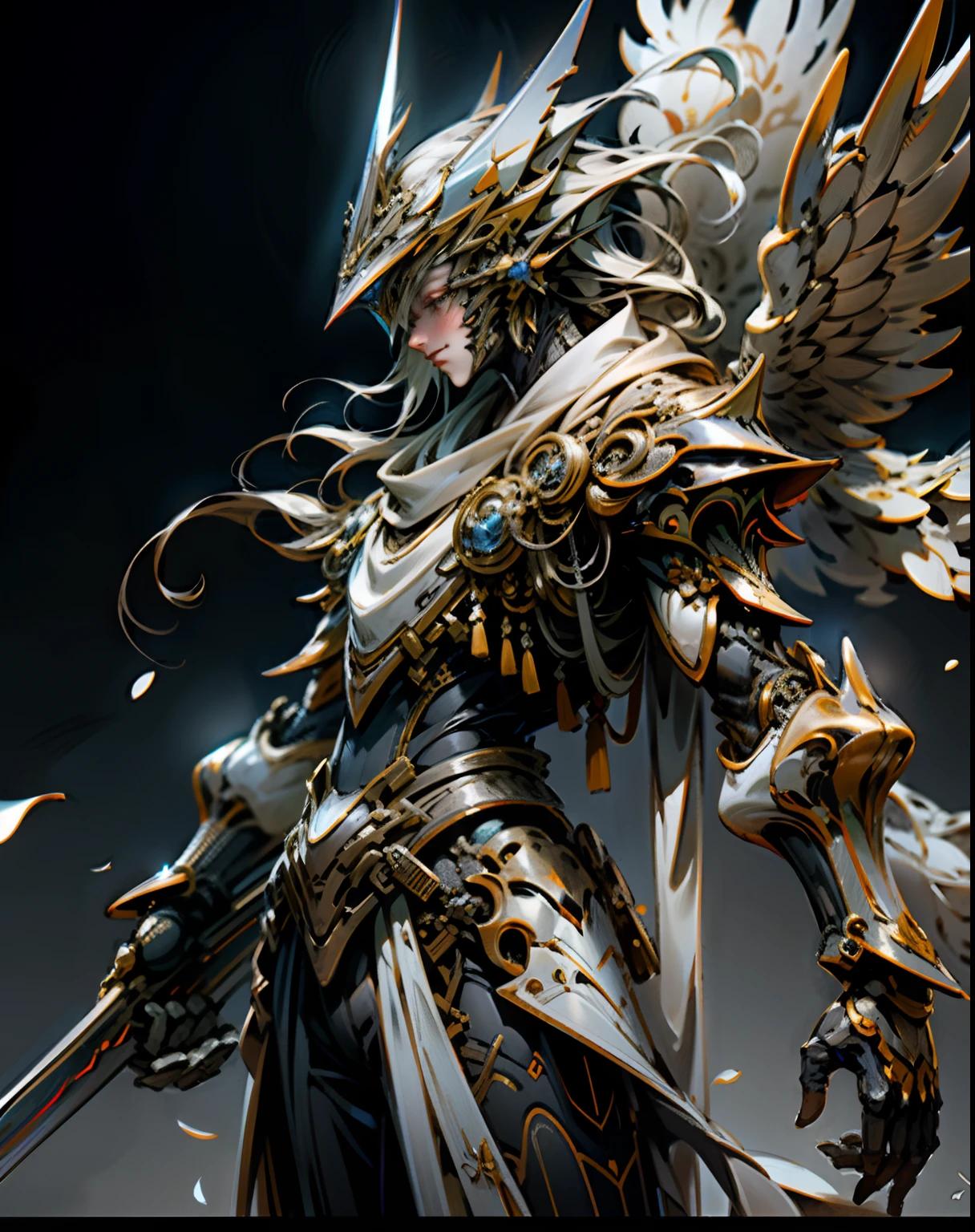 tmasterpiece, Best quality at best, high high quality, (afofuturism:1.1), (Cyberpunk costumes), 电影灯光, (Exquisite future), Beautifully and beautiful, ultra - detailed, The composition is great, floatking, depth of fields, (VerydetailedCG,Unity 8k壁纸), (Beautiful detail background), Beautiful hair details, dramatic lights, GOGETTA,white colors,white color mecha,best qualtiy,超高分辨率,Photorealistic and realistic,Beautiful wings,Metal wings,Steel wings,Luminous Great Sword,Hold the big sword horizontally,eyes glowing,Sideways photo,Lateral face