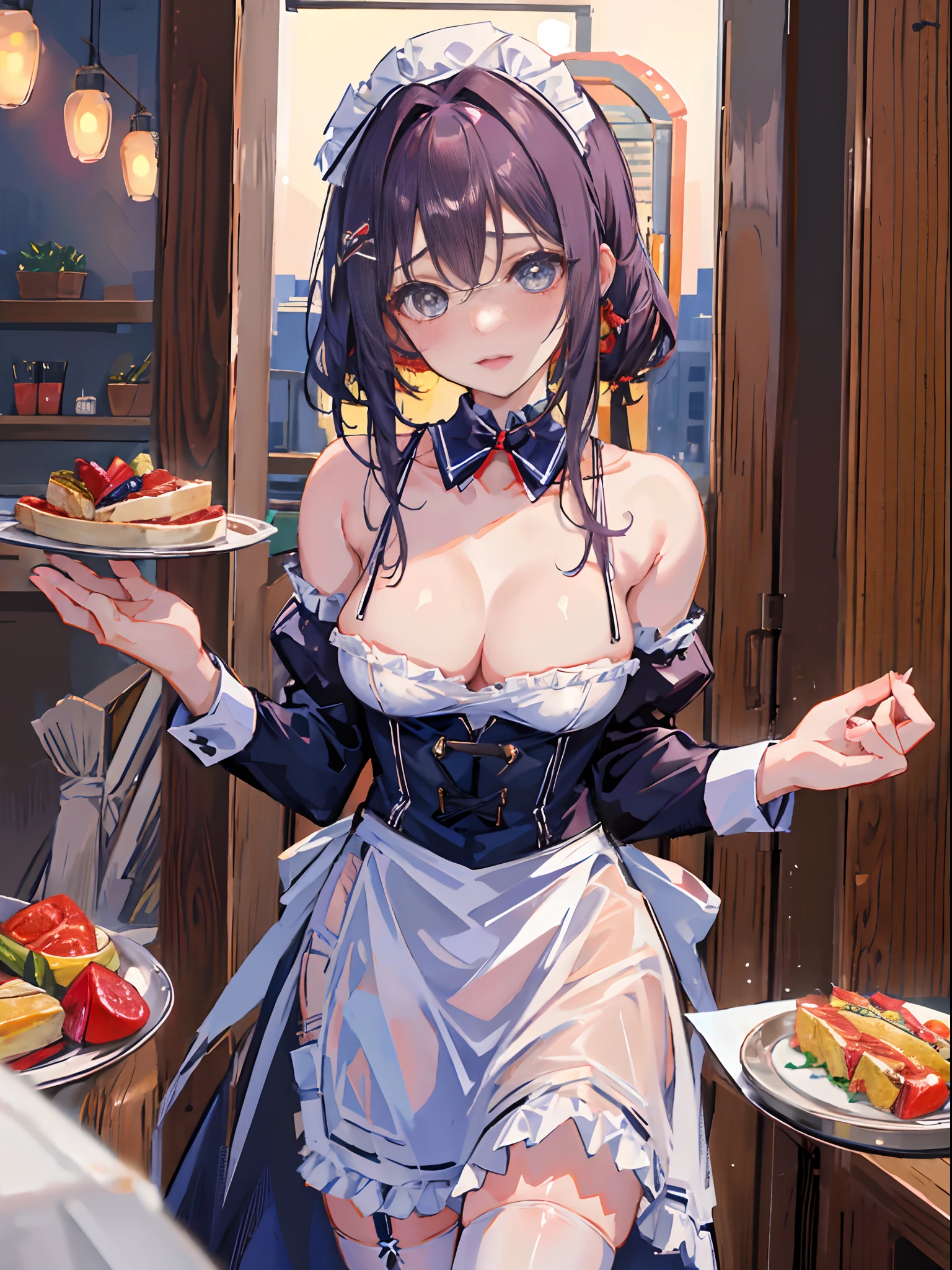 1 girl, beautiful girl, beautiful eyes, waitress, naked, wearing sexy maid apron only in the front, sexy breasts, shy, blush, hight quality