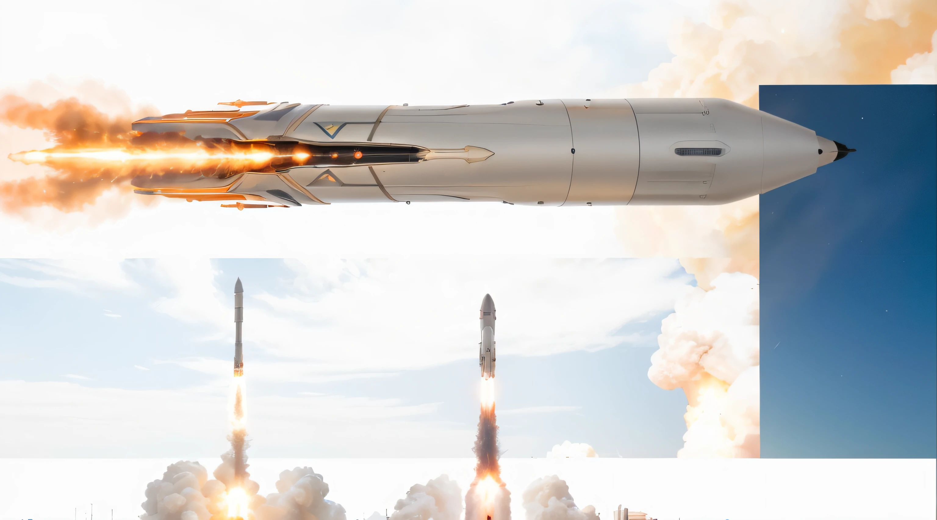Best quality,4K,8K,A high resolution,Masterpiece:1.2,Ultra-detailed,Realistic,Physically-based rendering,Sharp focus,professional,Bright colors of a space rocket lifted off, Leaving wisps of smoke behind. Rockets are sleek and modern, The metallic exterior sparkles in the sun. The flames emitted by the engine were powerful and intense, Propel the rocket upwards with incredible speed and power. The exhaust plume is a vibrant orange mixture, reds, and yellow, Create visually stunning spectacle. The sky is deep, Dark blue, In contrast to the brightness of the rocket and plume. When the rocket embarks on a journey into space，The overall atmosphere is exciting and exciting.