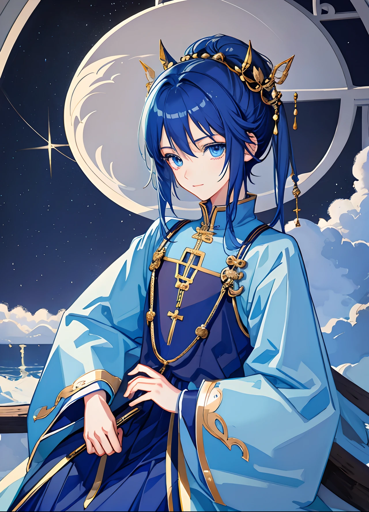 ​masterpiece、top-quality、超A high resolution、2D Bishonen、animesque、Teenage Boy、Blue hair、short-haired、Black School Uniforms、Wear baggy clothes、Beautiful blue eyes、The clothes are also depicted in detail、Eyes are depicted in detail、The face is depicted in detail、soio、Gentle smile、hair adornments、animesque、illustratio
