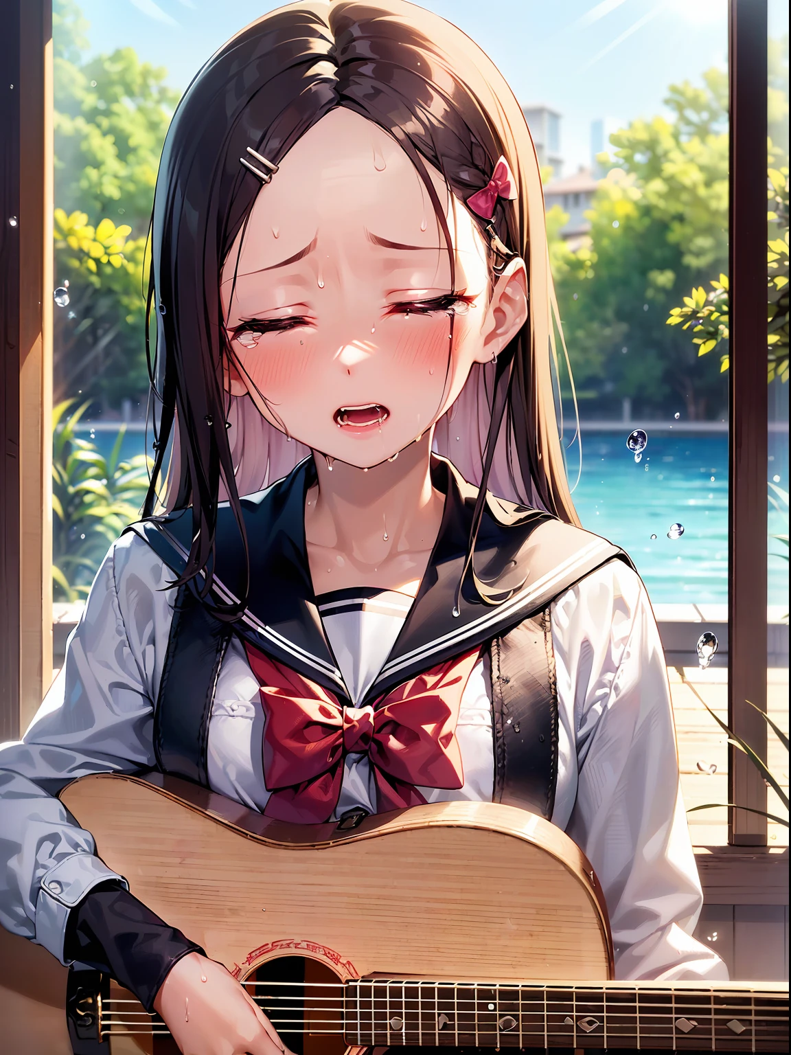 ((((Sharp focus，vaporwave,half-open mouth,Slightly sad,tearing,Closed eyes,Sweat,Sweaty face,Eau,))))((acoustic guitar,Playing guitar,))(Masterpiece illustration,Beautiful and aesthetic:1.2,Target the audience,From below), Best quality,Top quality, Epic quality,((((Living House,))))(Sun glare, god light,))Neat face,underage,Young,Beautiful detailed hair，Brown hair，hyper HD, retinas, Textured skin, A high resolution, 16k ，((hair pin,Forehead,Long-sided locks,Long hair,Large bow in hair)),Detailed face, 1JK, 1girll,Solo, Perfect face, Very amazing girl,(Black sailor uniform,White sailor tie at front),rim-light,((rock music))
