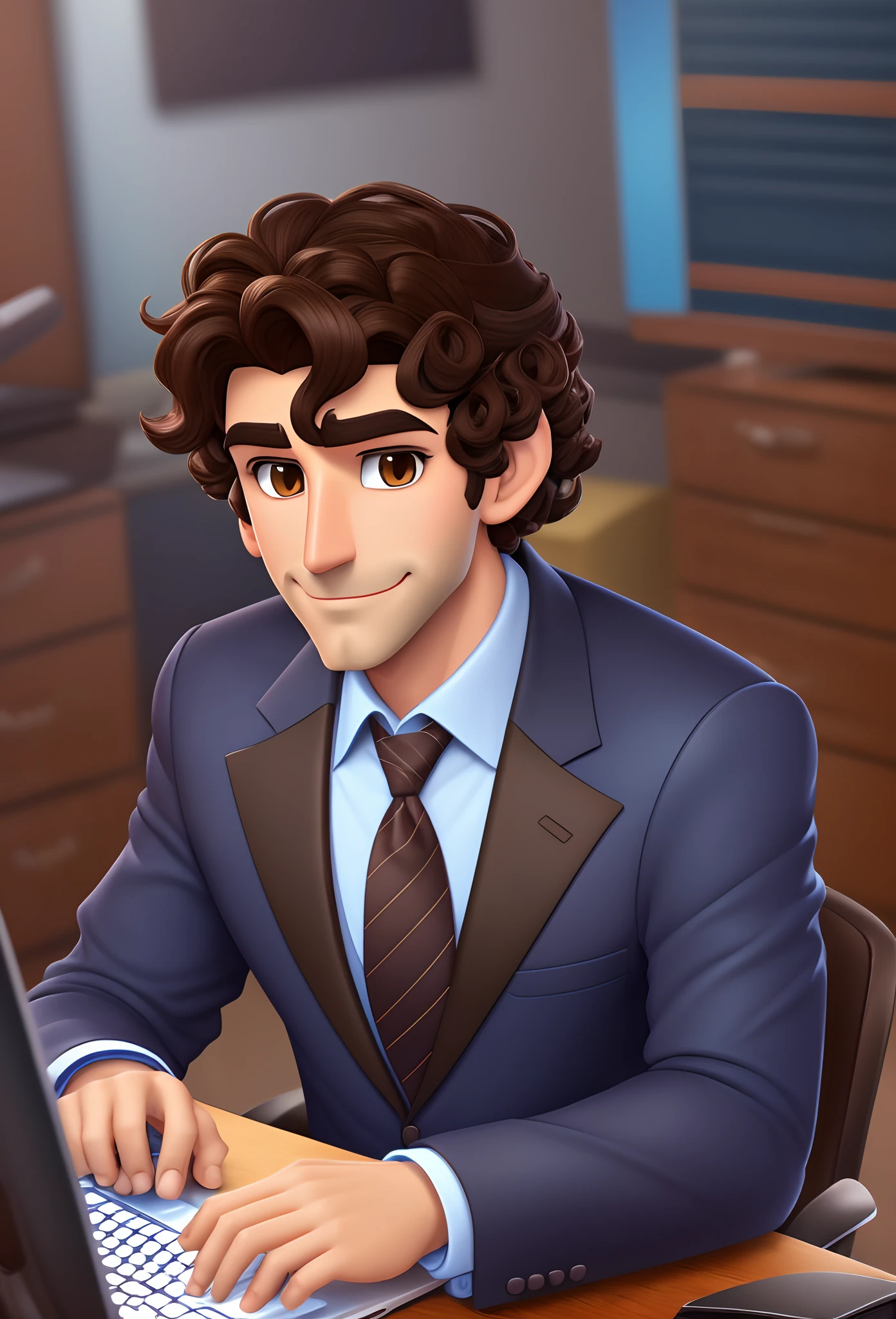 create a Disney style, 3d, male character (curly dark brown hair, thin nose, normal mouth, dark brown eyes) in dark blue dress clothes, in an office typing on his computer --auto --s2