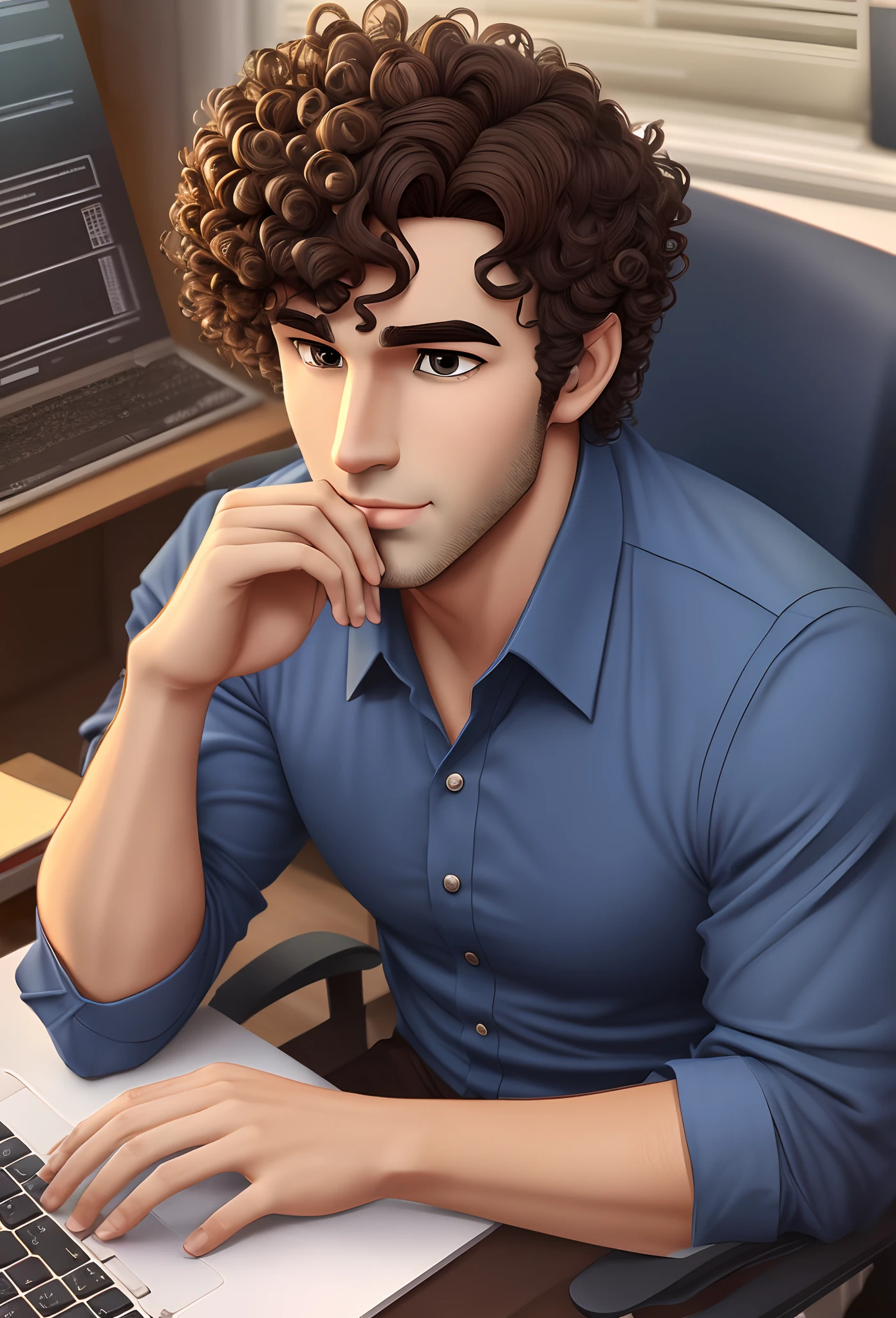 create a Disney style, 3d, male character (curly dark brown hair, thin nose, normal mouth, dark brown eyes) in dark blue dress clothes, in an office typing on his computer --auto --s2