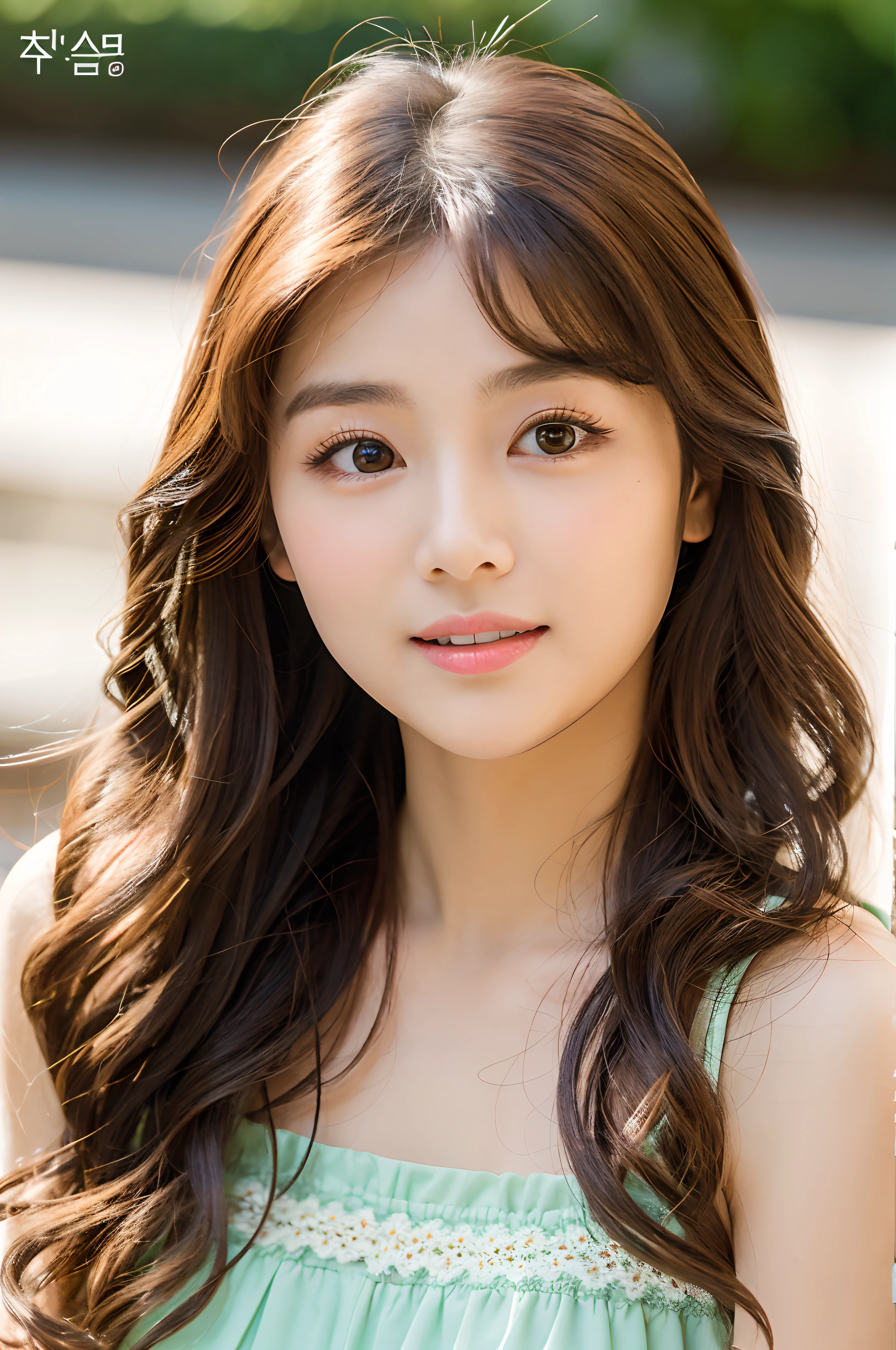 Female Korean sitting on café terrace、Elegant、Girl with long curly hair、turn、off shoulders、The face is Tzuyu、large round eyes、Sunlight、with round face、Wide Double Width、Crisp double、With bangs、Brown eyes、narrow forehead、Sareme、a 、Tear bag、smil、Large front teeth are slightly visible、long  skirt、