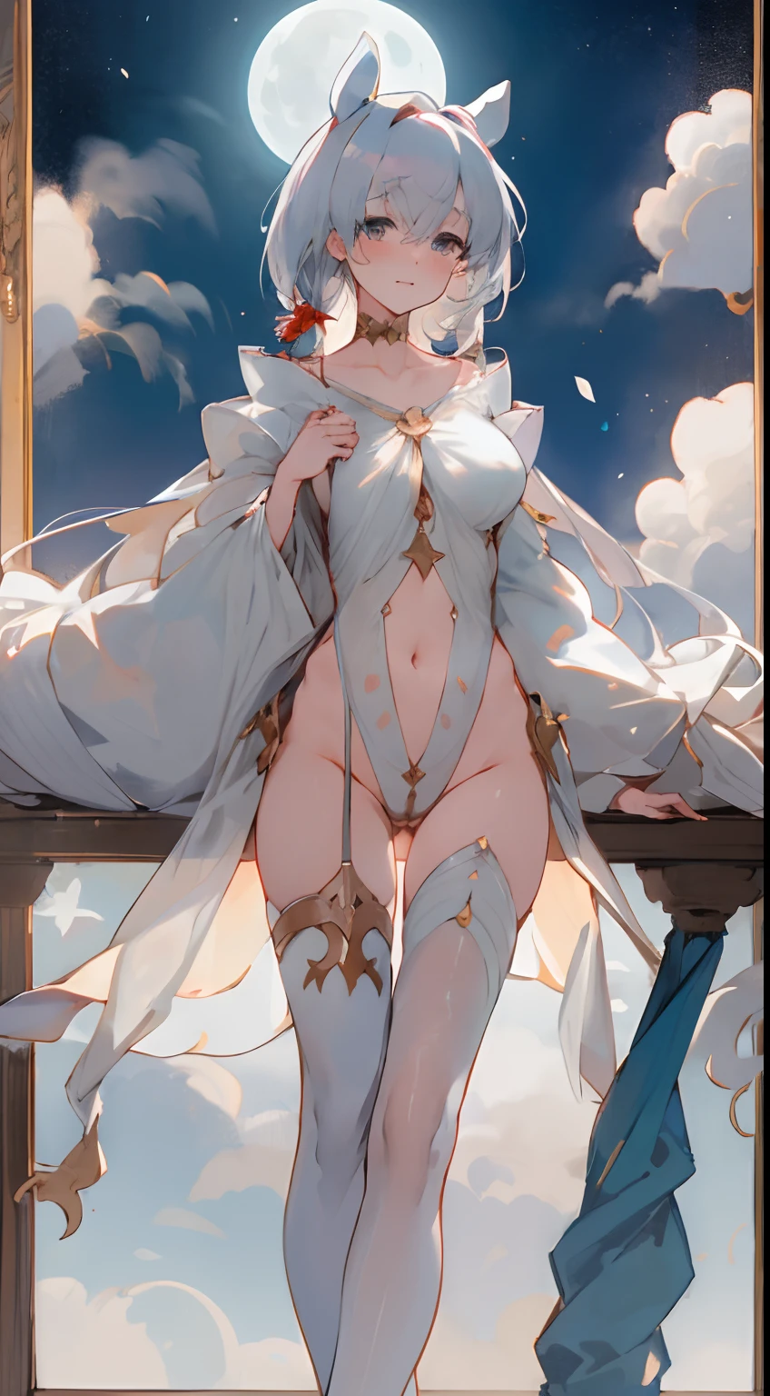 Leakage out of the collarbone,Neck leakage,Pose for a photo,Bigboobs,upper legs,dual horsetail,Transparent sex clothing,Flower frame,Decorative panels, starrysky, natta, exteriors, Clouds, Eau, Sumeru, Clouds, themoon,