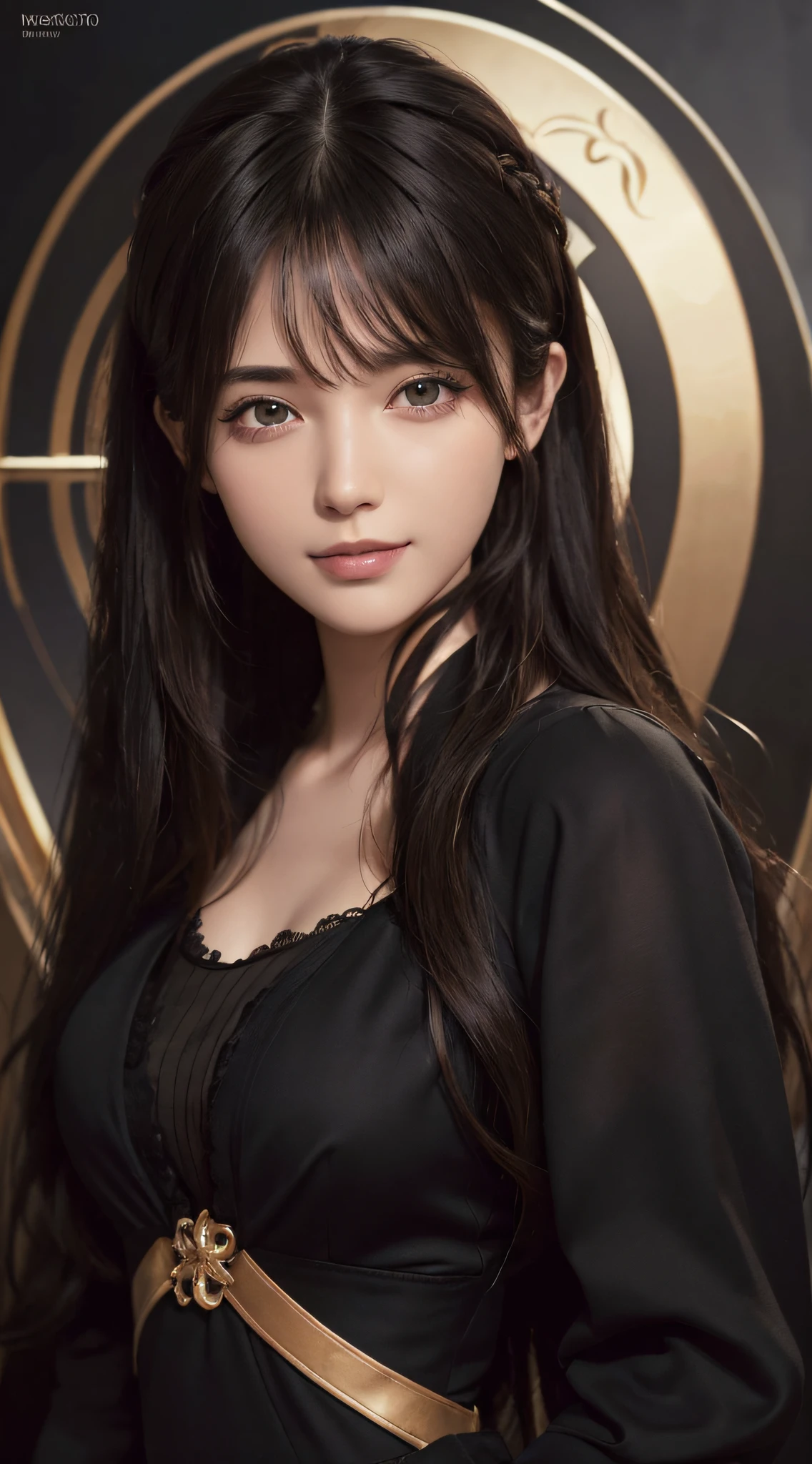 (Ultra Realistic), (Illustration), (Increased Resolution), (8K), (Extremely Detailed), (Best Illustration), (Beautiful and Detailed Eyes), (Best Quality), (Ultra Detailed), (Masterpiece ), ( wallpaper), (detailed face), solo, 1 girl, looking at viewer, fine details, detailed face, in the dark, deep shadows, low key, pureerosfaceace_v1, smiling, long hair, black shawl straight hair , 46 points oblique bangs