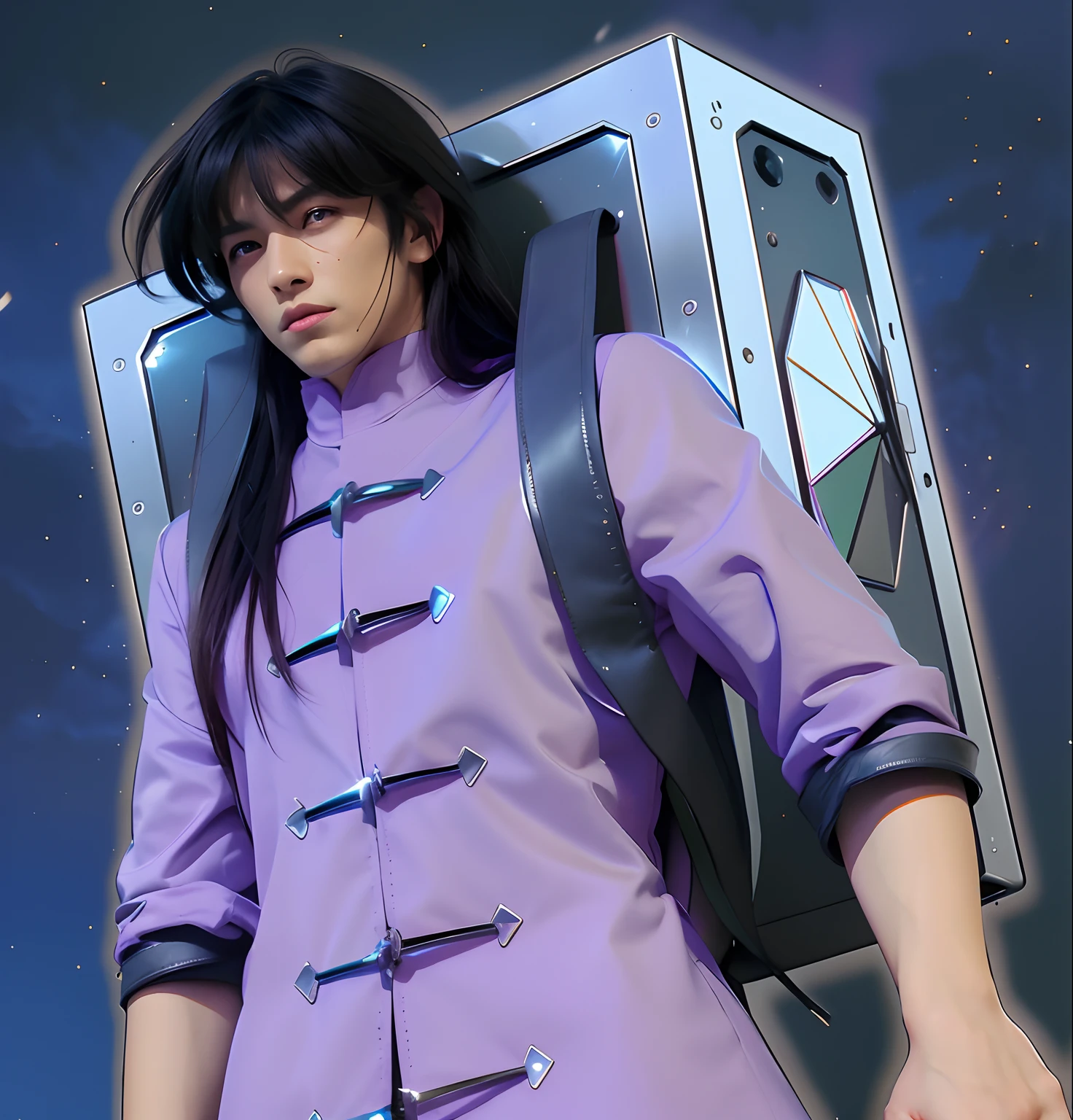 (masterpiece), (realistic), half body, (male) of 18 years old, Japanese (1boy), slightly side view, serious powerful look, solo, (handsome man) (powerful face),, ((pretty big green eyes)), ((well done eyes)), looking in front, long straight messy black hair, ((bangs)), hair blowing in the air, (beardless), masculine Chinese tunic light purple, leather straps, metallic (Chrome) box on his back, night starry sky background, cinematic lighting.