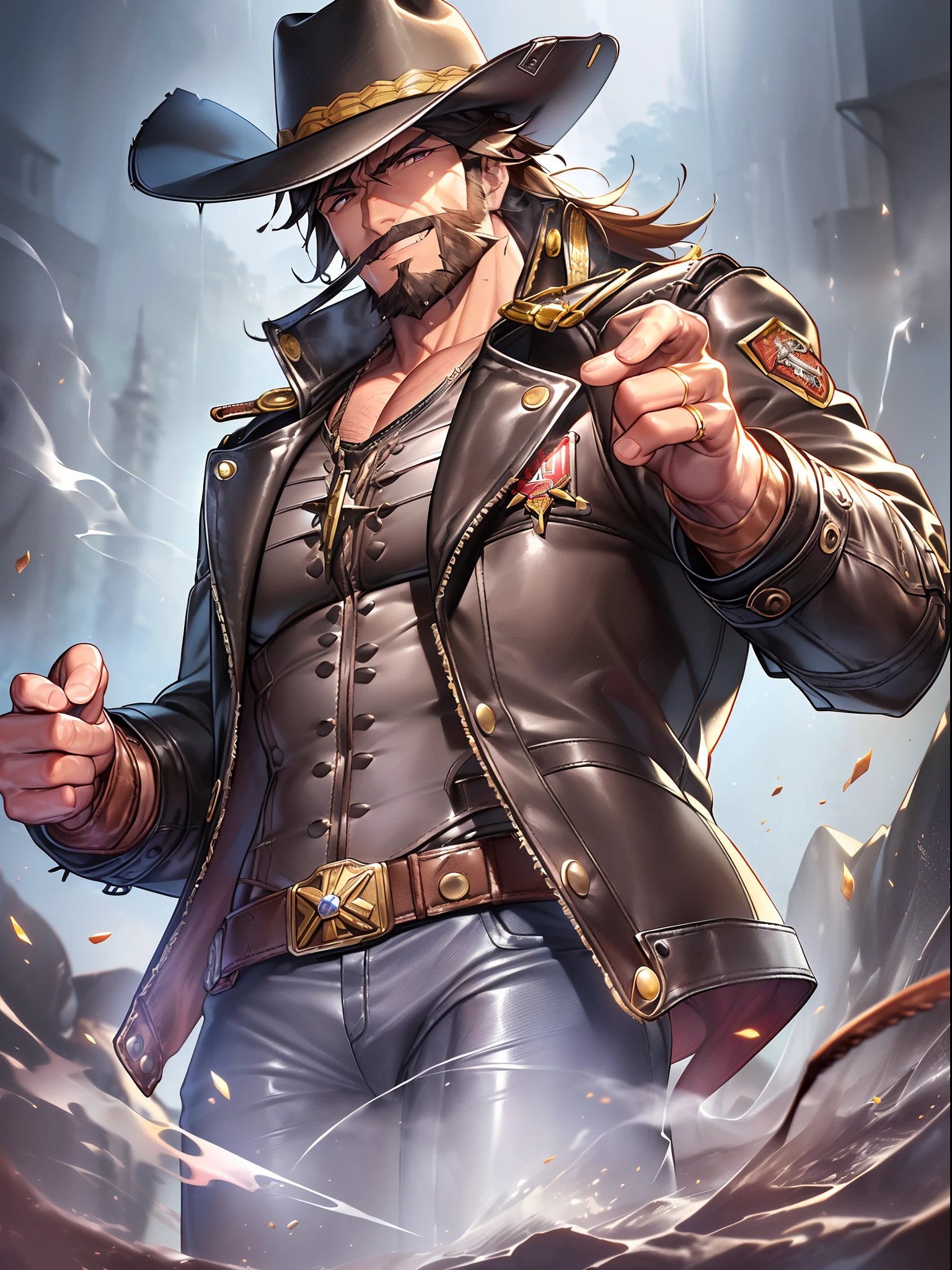 Outrageous resolution、masutepiece++,top-quality++,ultra-defined++, ultra-defined++,4K++,8K++,(Background Focus)++, Highly detailed, Viewer's Perspective、((1950s westerns))++, ((1Uncle of a heavy smoker of people))++, (((Western gunslinger)))+++, ((((Leather jacket))))++++, ((Sheriff Badge))++, ((Ten-gallon hat))++, (((Muscular western gunslinger uncle)))+++,(((Western gunslingers in combat readiness)))++++, (Torn pants),(Combat stance)、((Gentle smile))+ +,((Muscle Mukimuki) ++,((Muscular muscular))++,(pistols)+,(Gentle look)、((Long Brown Beard))++、((Long Brown Beard))++ 、(Brown hair)、(Tea pupils)、(Super shiny hair and skin), (Sunlight),((Beautiful)), +, A lively smile, Perfect eyes, Perfect hands, Perfect nose, Magic Battle Dark, Bright atmosphere, (wet effect) +, (light effect), (Cinematic Light) + , (Like a movie of light) +
