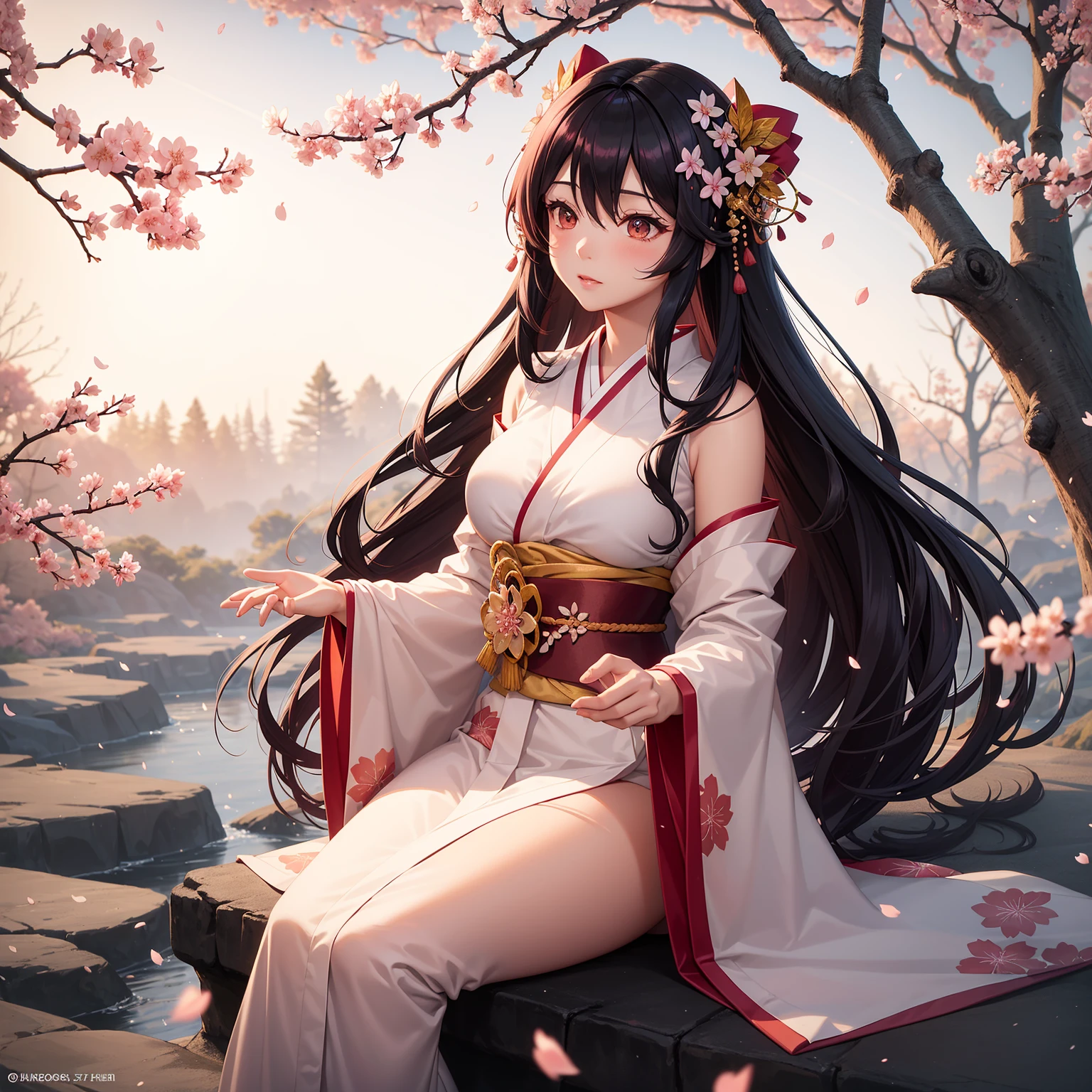 In the ethereal light of dusk, In a forest where cherry blossom petals dance gracefully in the air, The goddess of cherry blossoms stands. Her hair is a striking contrast, Half black,The other half is a beautiful peach color. Wearing a peach white kimono, Her expression was palpably sad.