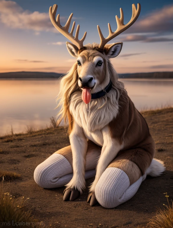 RAW photo, sexy pose , riverbank setting, warm lighting, (solo:1.3),
BREAK, staring into the camera, 18 years old, girl, long blonde hair, reindeer, (dark brown and white fur, thick fur:1.3), plus sized build, fluffy tail, amber eyes, reindeer snout, reindeer teeth, (sticking tongue out, drooling, drool flowing from tongue), (wearing a purple choker, wearing blue thigh high socks), small breasts, hoofs, hand hoofs, feet hoofs, black hoofs, antlers, 
BREAK, 8k, hi res, 40mm lens, (Best quality, masterpiece:1.2), warm atmosphere, afternoon, cinematic,