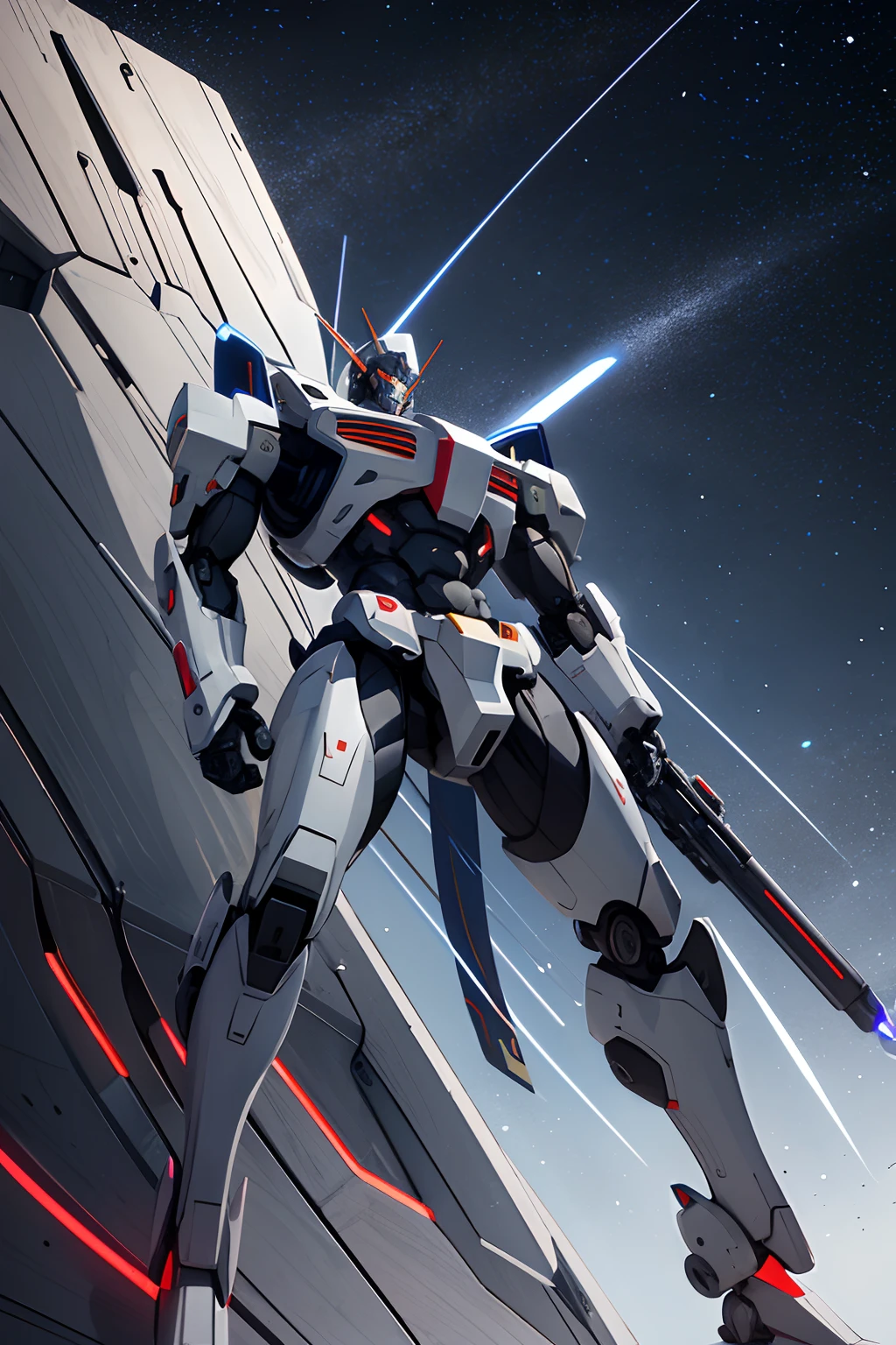 （tmasterpiece，top Quority，best qualtiy，Violence and aesthetics）, Ultra-detailed, Extremely detailed, Light gray single mech, The right arm is specially equipped with a large laser cannon, Set against the backdrop of the universe，There are planets,, Mechanical, and technical atmosphere. The entire body of the mecha, including legs, is depicted as heavy and sturdy.There is a missile silo on the back，The head has a sharp horn，The posture is more masculine and tough。