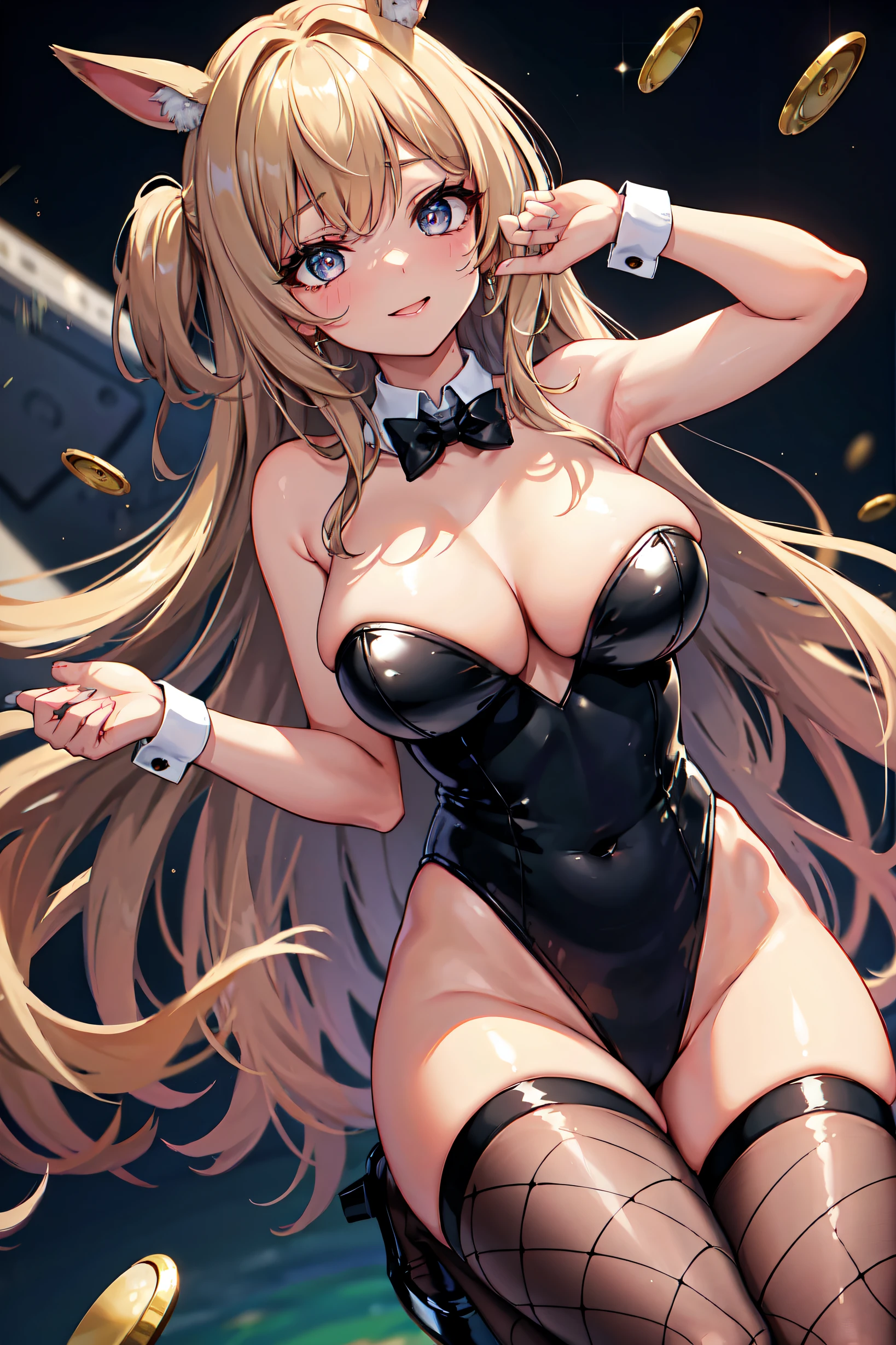 (Five Fingers, 4fingers and 1thumb), Transcendently Beautiful Girl, (Masterpiece face, Eyes of a masterpiece:1.1), (Long Blonde Hair), BREAK, Flat_Chest, Huge_breasts, wide_lower back, Open your mouth and laugh smile, long eyelashes, makeup, BREAK, Bunny Girl, rabbitears, Rabbit tail, Enamel Leotard, wrist_Cuffs, bowtie, high_heels, BREAK, (Bare arms, Bare shoulders), BREAK, (Large mesh fishnet stockings:1.3), Casino, Roulette table, Lots of coins, masutepiece, Best Quality, Capture super cute moments, depth of fields, ultra-detailliert, Ultra High Resolution, C4D, Octadale, 3D Modeling, 8K, 16 K,
