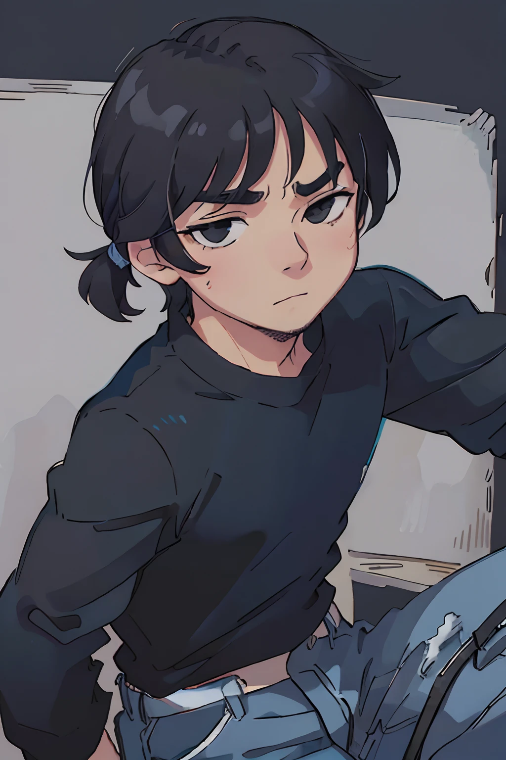 Middle aged man with black hair, straight face, black shirt, line eyes, blue pants, black eyes, close-up on the face