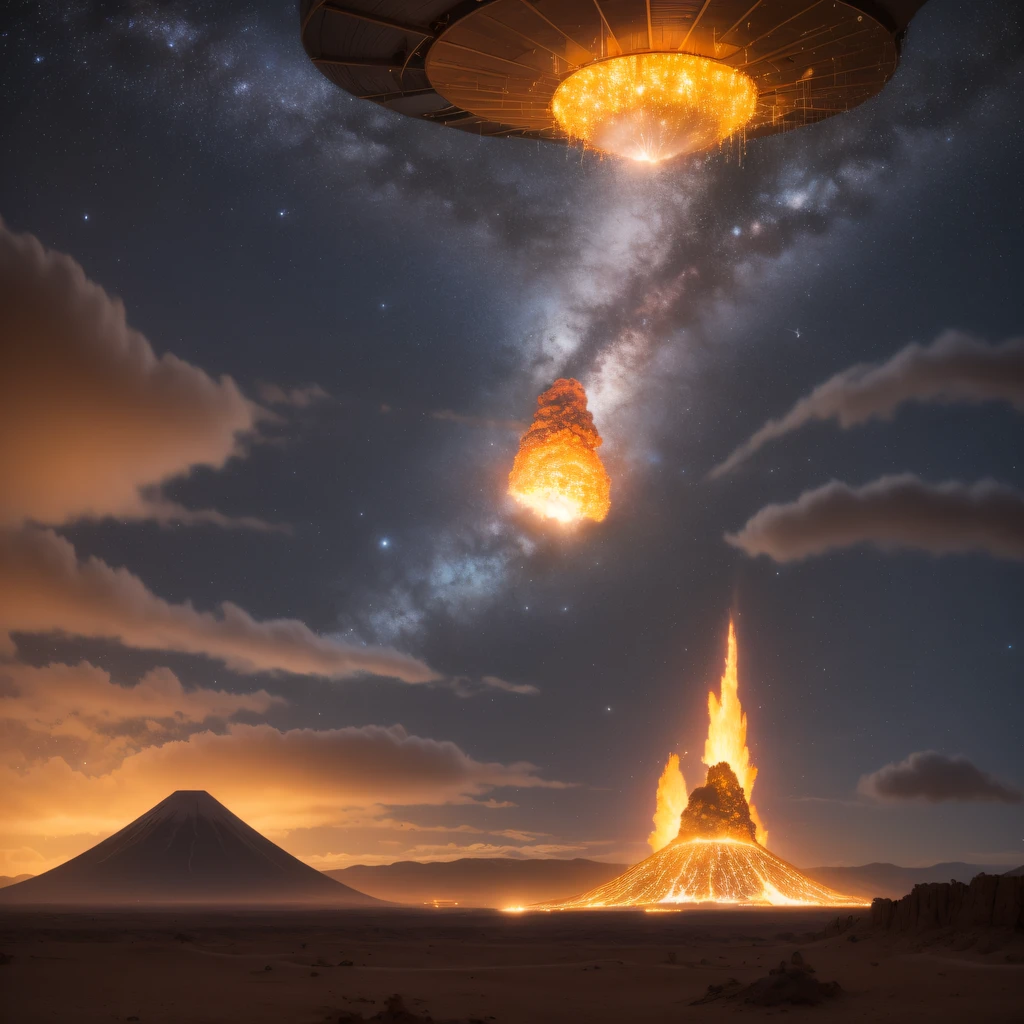 Alien base (Very detailed) In the mountainous desert,There are several exhaust fans and chimneys, Some spotlights come out of the base to illuminate dark places, (Extreme nights), Some clouds in the night sky, Some of the surrounding planets provide air to unknown planets,The farthest giant volcano is erupting