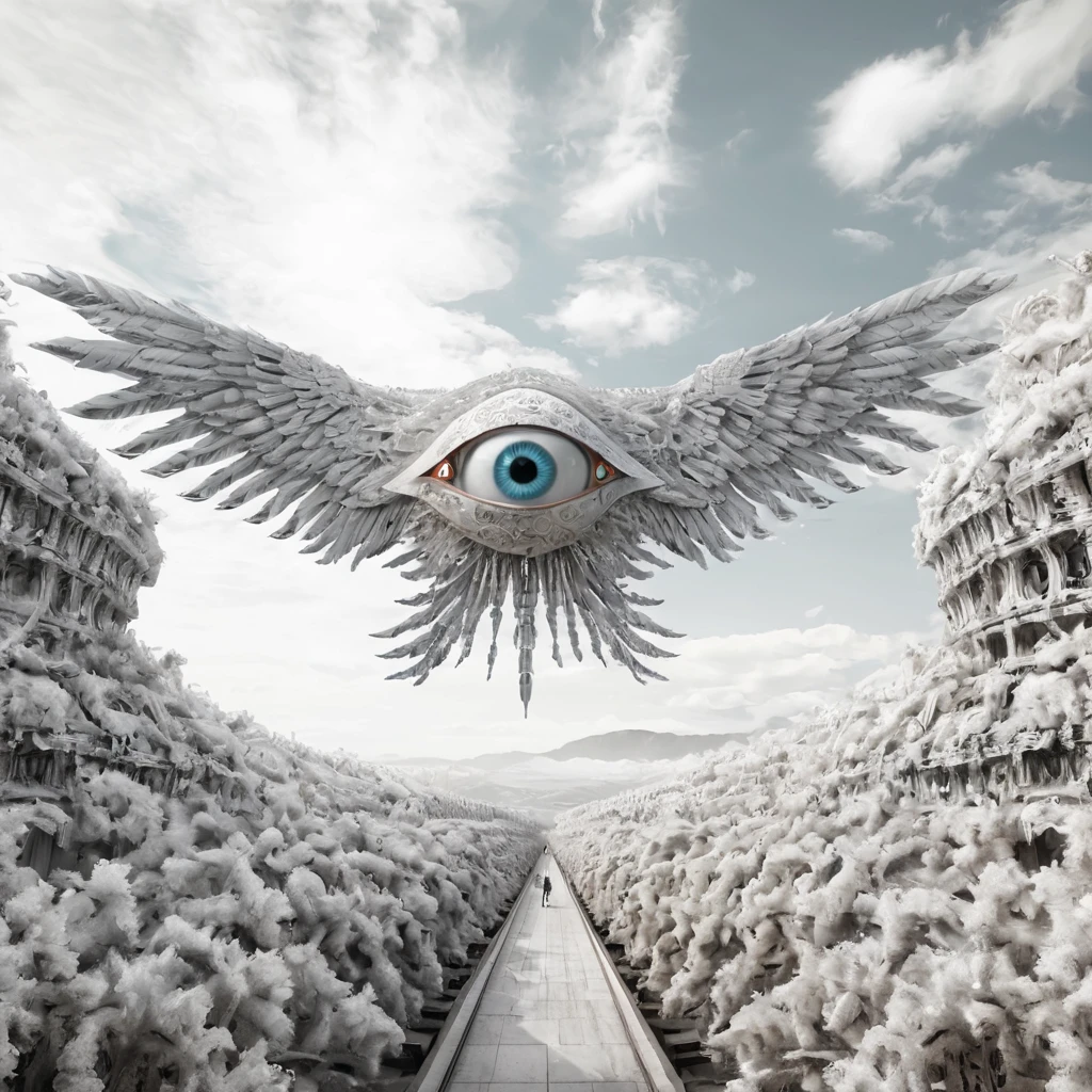 no human, photo real, 3D, scenery, thousand wings, large mono eye, thousand wheels