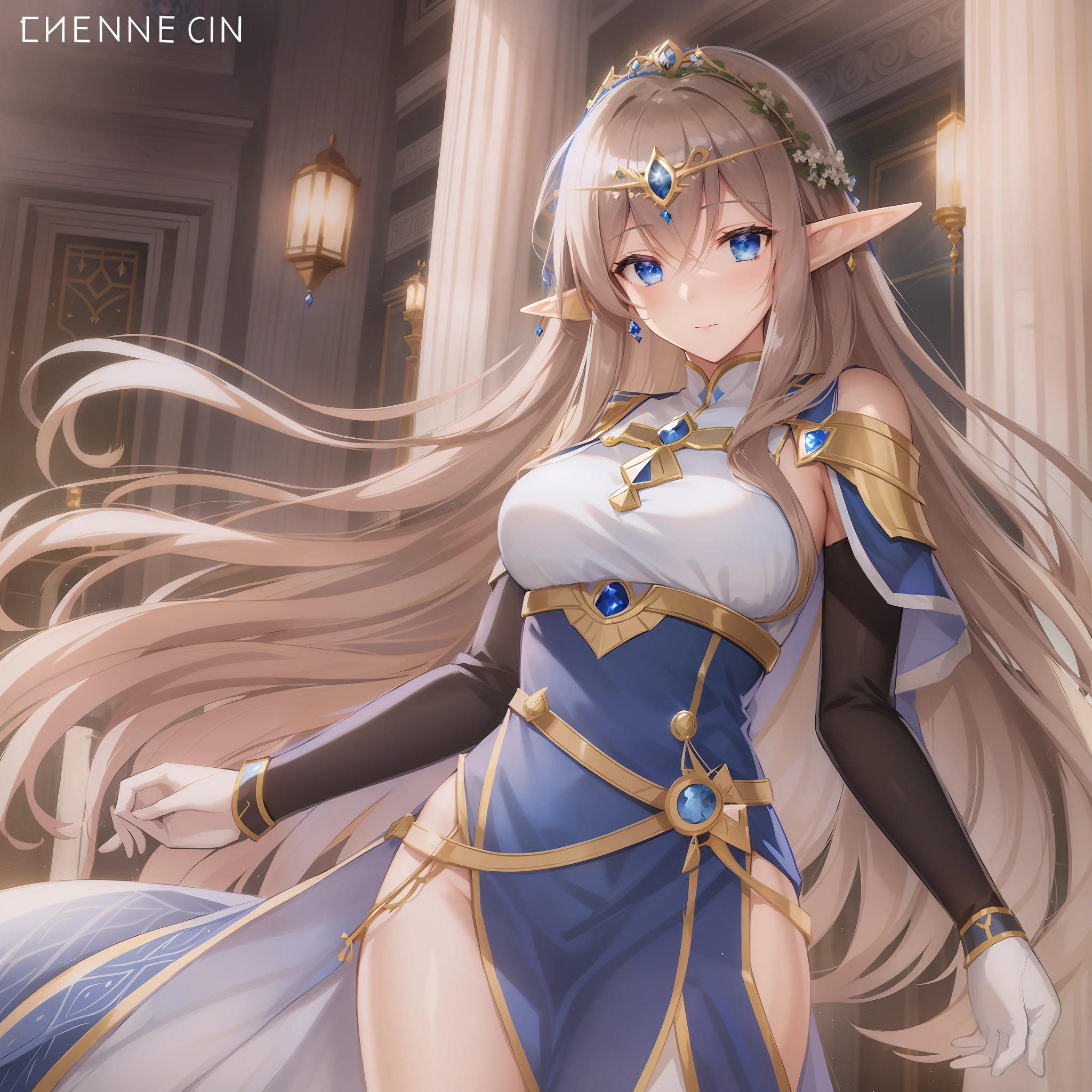 a woman in a blue and white dress with long hair, alluring elf princess knight, elf girl, anime goddess, portrait knights of zodiac girl, an elf queen, elf princess knight, ayaka genshin impact, elf princess, marin kitagawa fanart, ((a beautiful fantasy empress)), elf queen, cute anime waifu in a nice dress, lady palutena