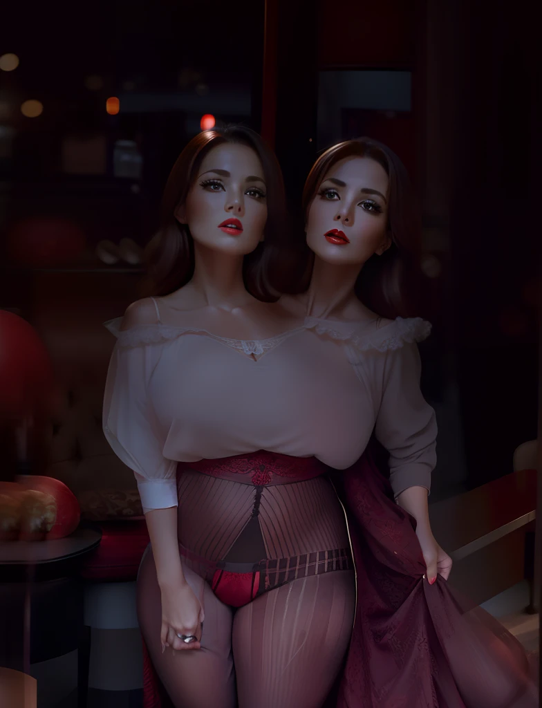 2 heads,Photo of a 50-year-old woman with brown hair, a captivating gaze, Brown eyes, Wrinkles on her face, Black pantyhose,Black High Heel Boots,She wears very sexy lingerie underwear、、Revealing her large sagging breasts, Light makeup and red lips. 32K