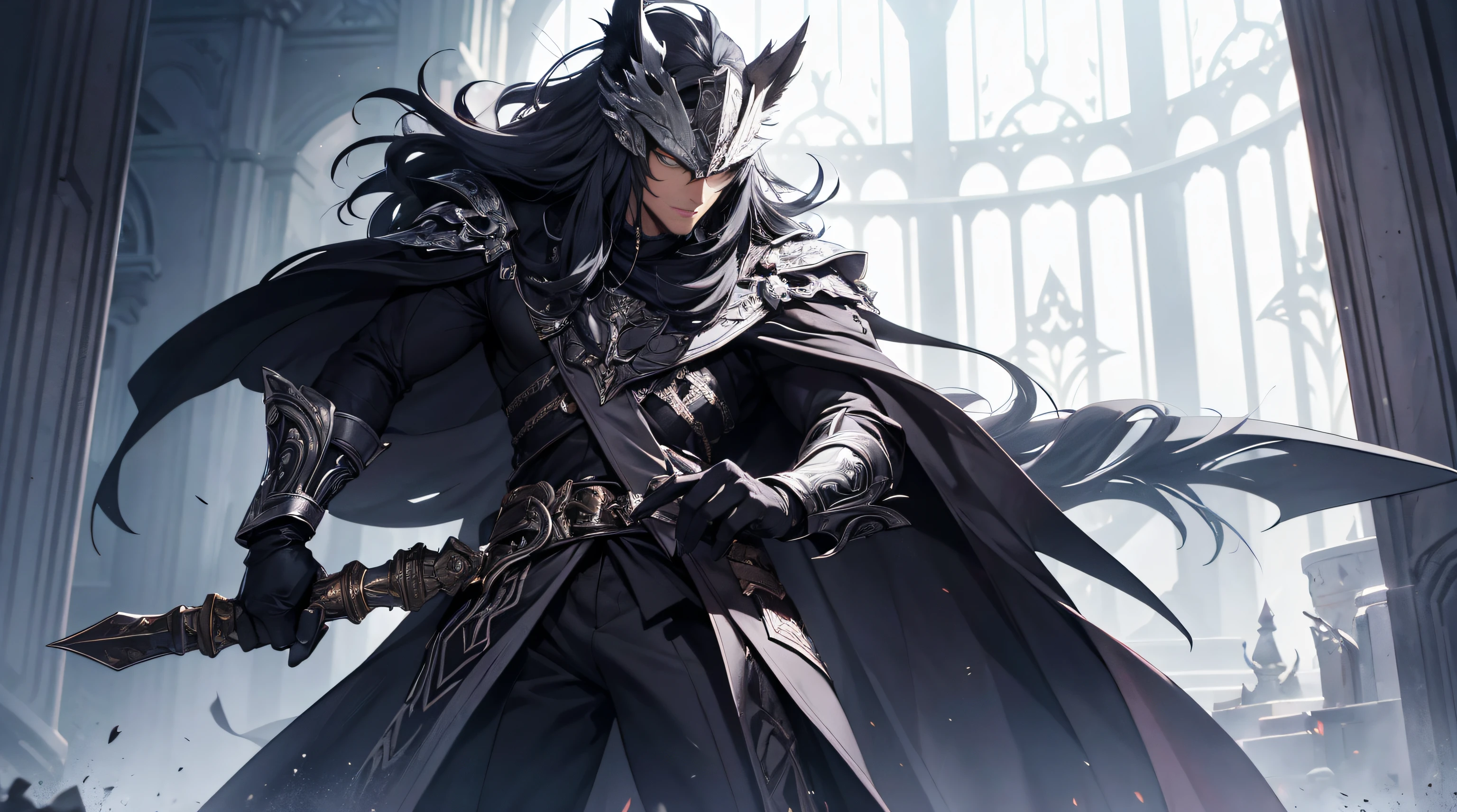 (Best quality,CG,artwork of a:1.2),Tall and handsome man,He wears a silver helmet in the shape of a wolf on his head , Dressed in luxurious deep purple-black platinum armor, Black gloves, black colored leggings, Carry a weapon, A huge extravagant and glamorous axe, There was a look of pride and arrogance in his eyes, Gray-green eyes, Detailed fingers, look straight at the camera, Flowing lights