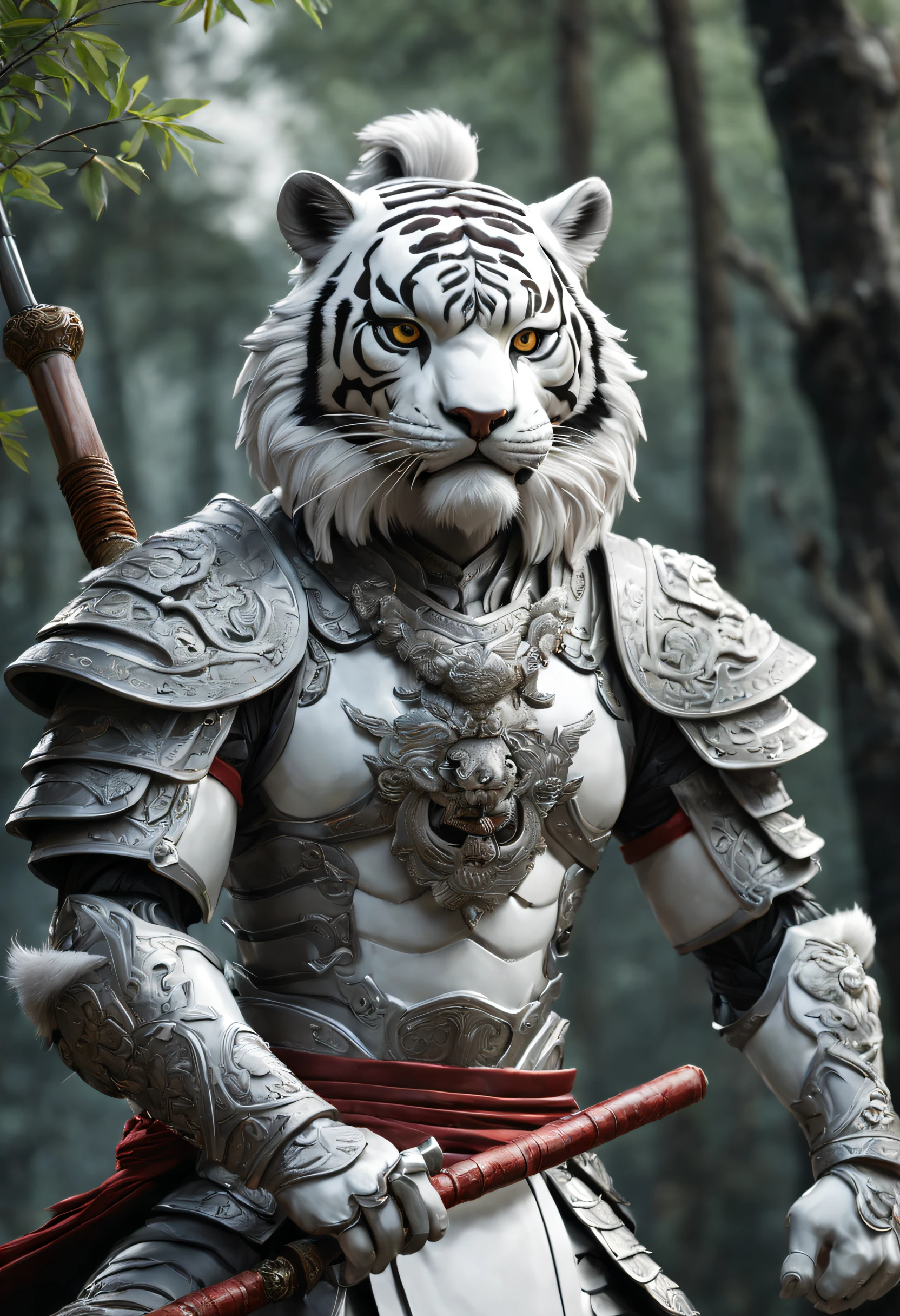 Realistic style photo, full body of fighting pose eternity white Chinese tiger god legend with a human body holding long handle spear Sword , tiger face, tiger head, wearing dark grey hanfu armor with intricately carved steel armor, looks like a strong and dashing heroic general, intricate details,attack, angry, jump to viewer, shining chinese forest background and bamboo trees, highly detailed, trending on art station, sharp focus, studio photo, highly detailed, sharp face, sharp subject, detail subject, furry humanoid, no human head, no human face, animal face, animal head,