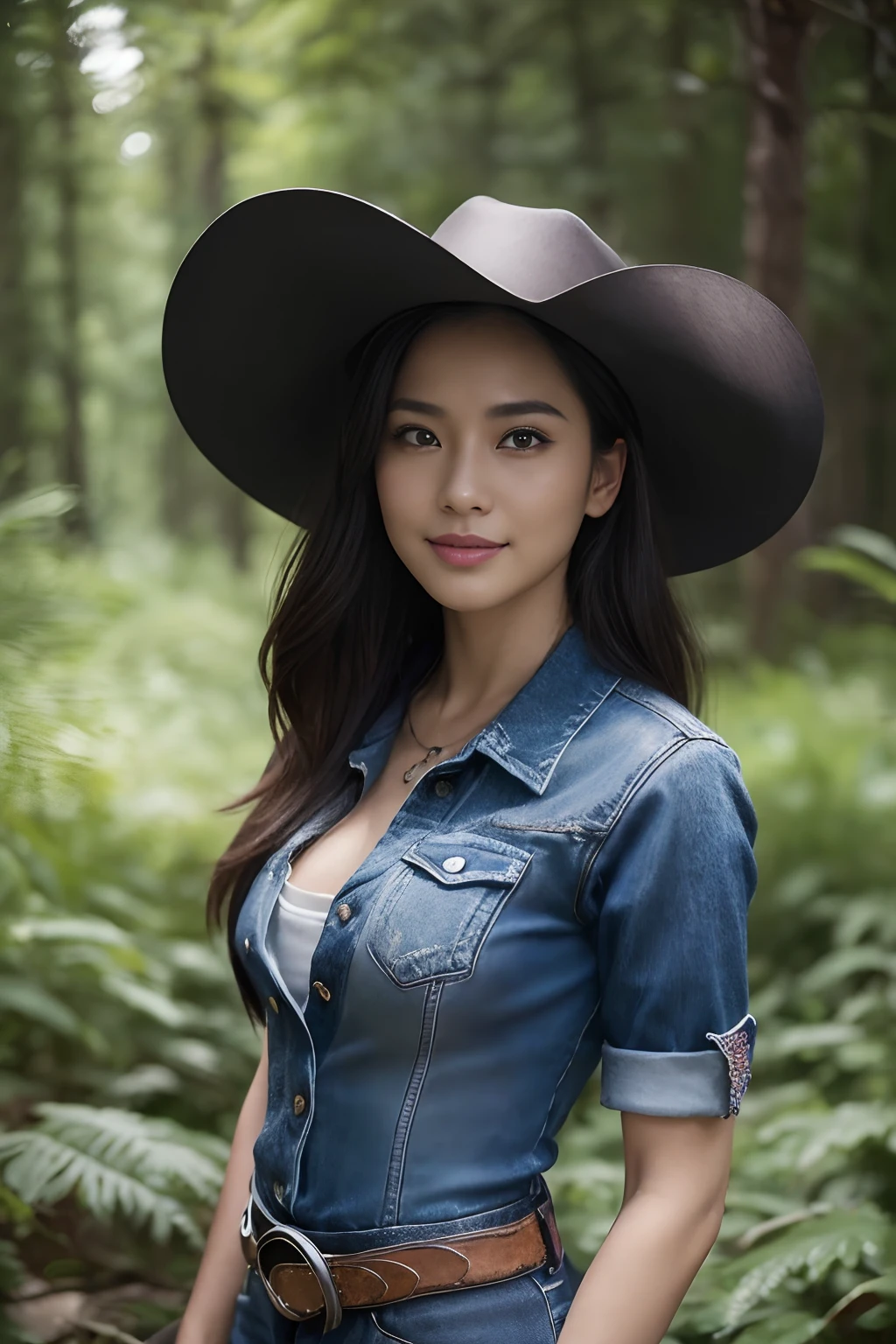 (Beauty Chair(cowgirl:1)portait image:1.5)Wind-blown forest landscape(((master-piece)))、((top-quality))、A MILF、Black eyes、Western costume、Torn jeans, shorts.、10、Special details lurking、reality、scenary、Concept Art、Highly detailed RAW colour images、Side corners、(lensflare:0.7)、Particle effect、Raylock、Movie Writing Tips、shallow depth of field、Shot with Sony Alpha 1、50mm wide-angle lens......、Foconitide、Cinematic film still、 Dynamic posts、、(reality:1.3)、black、beautiful asian woman、Gun belt.small boobs、Staring at the audience、超High resolution、smile、Black Western Hat,