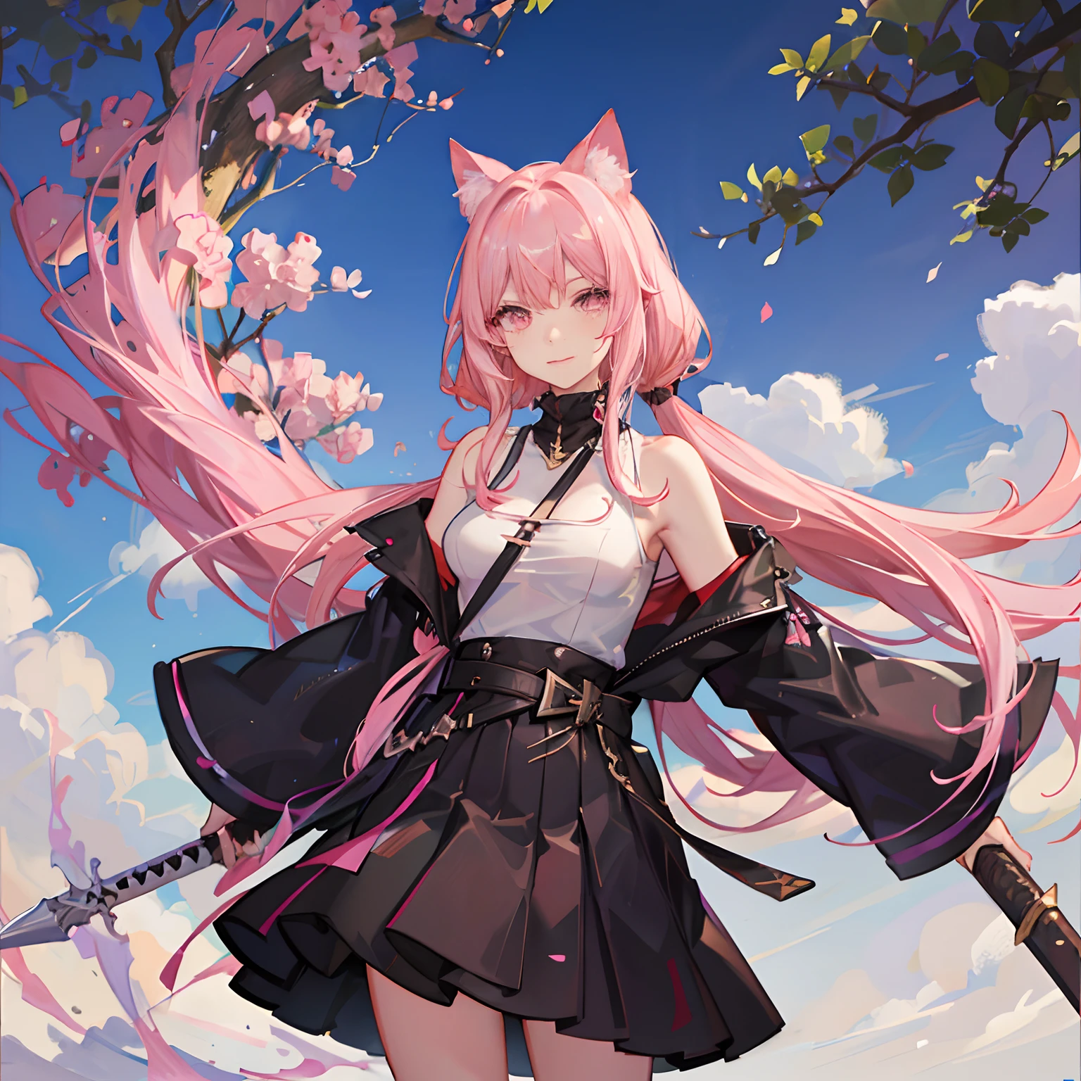 "anime girl, 1 person, pink hair, pink cat ears, pink eyes, t-shirt, white t-shirt, with twin takana swords on the back, takana sword, black women's off-the-shoulder jacket, black miniskirt, big breasts, There are ice crystals flying around behind, holding a sword, fighting, dual takana swords, smiling triumphantly, solo, frontal view, standing cross-legged. (full HD 4K+ image)"