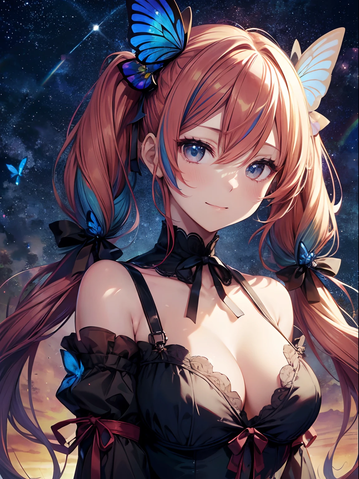 (masutepiece:1.3), (8K, Photorealistic, Raw photo, Best Quality: 1.4), Beautiful face, (Realistic face), Beautiful detailed eyes, (Realistic skin), Attractive, Intricate details,Golden ratio, 1 girl,Naughty smile, (rainbow hair:1.4),((Long twintails,Ribbon 1.4)),Gothic Lolita Fashion,(Blue butterfly hair ornament),off shoulders,Dynamic Pose,Dynamic Angle,Intricate details, Hyper realistic, Perfect Anatomy、natta、The starry sky is beautiful