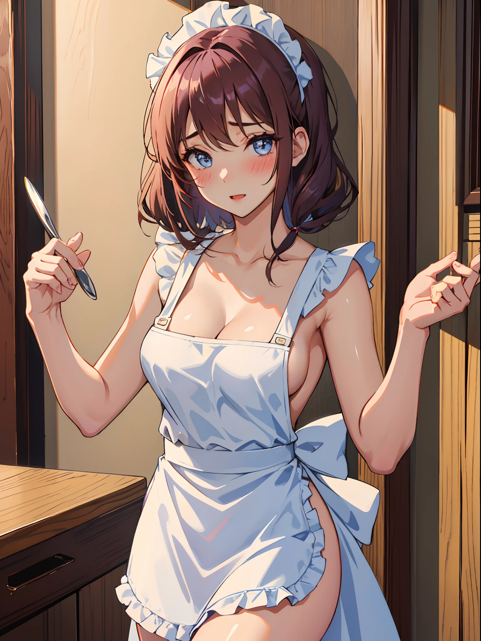 1 girl, beautiful girl, beautiful eyes, waitress, naked, wearing sexy maid apron only in the front, sexy breasts, shy, blush, hight quality