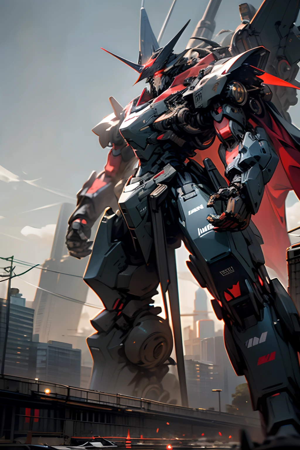 天空、云、holding_weapon,no_humans,SHINES、机器人、built、glowing_eyes,mechs、sience_fiction,Towering over the city、realisitic、Carbon black and red coloring、Matte finish、Lenovo's ThinkPad,ThinkPad _X1_carbon,Lenovo,Giant Mecha、Faraway view