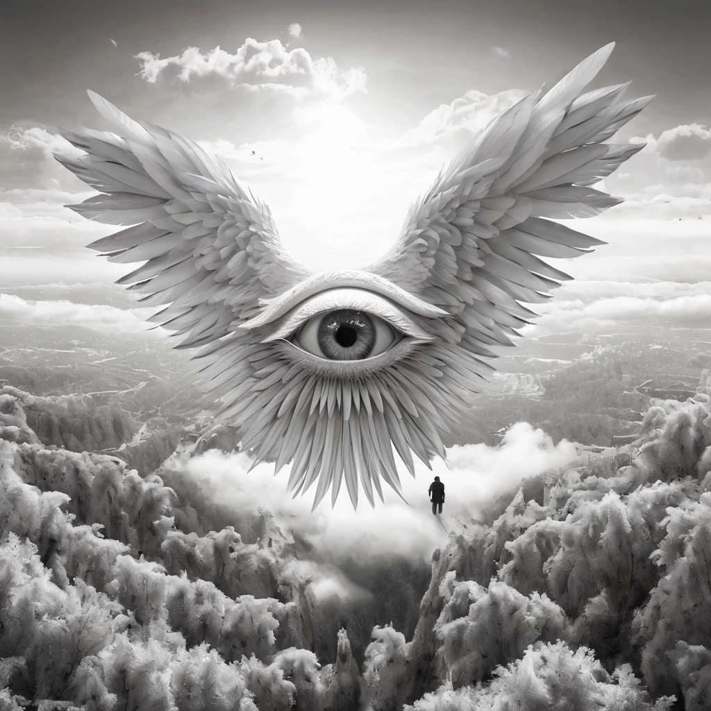 no human, photo real, 3D, scenery, thousand wings, large mono eye