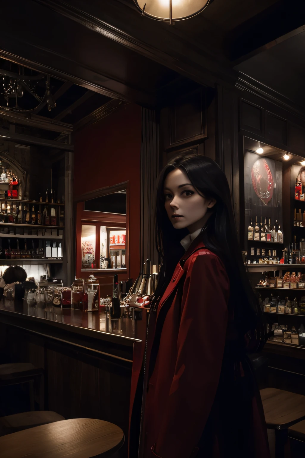 A beautiful woman serving a drink to an unsuspecting man, with an enigmatic and malevolent expression on her face. The scene should suggest an atmosphere of the 1920s.