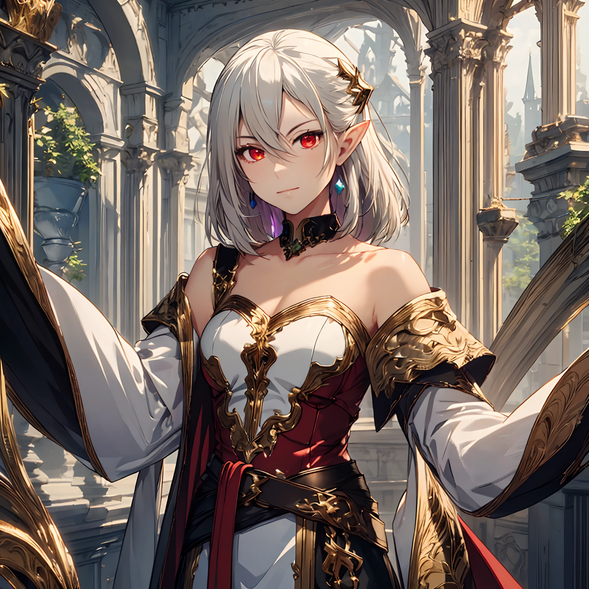 masterpiece, best quality, 1woman, adult, female focus, solo, white hair, long hair, looking at viewer, closed mouth, Fantasy aesthetics, Highly detailed, shadowverse style, full body, vibrant red eyes, tan skin, dark elf, elf ear