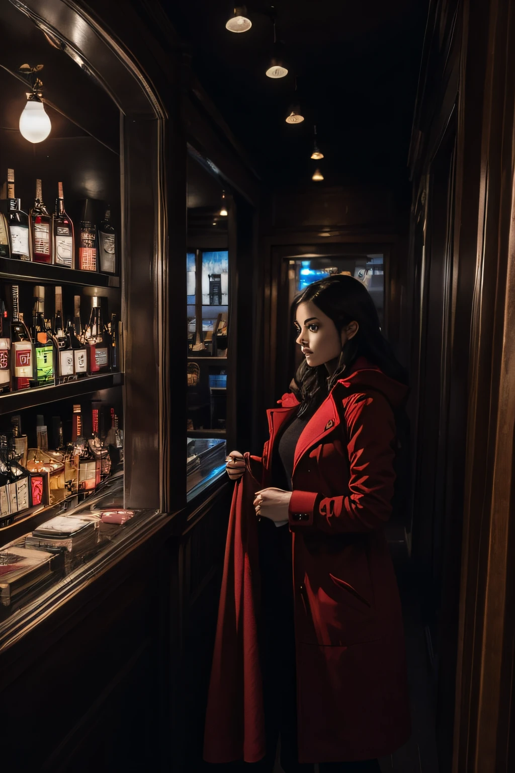 dark pub、creepy woman in red coat、
creepy store interior