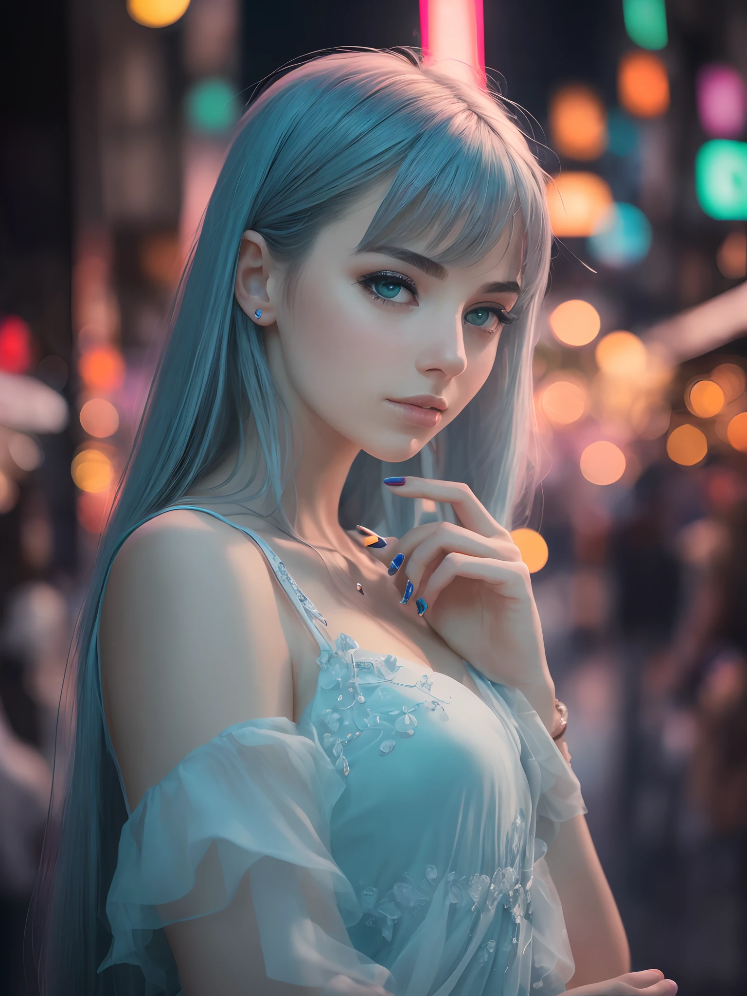 Stock photo,A European girl showcasing her nail art,Detailed and delicate hand appearance,Visible skin texture,Exquisite light blue circular nails,New York City streets,Bustling metropolitan,atmosphere,Neon lights flickering at night,Half-body portrait,aesthetics,Wide depth of field,Hyper-realistic, photographic, Canon shot --auto --s2