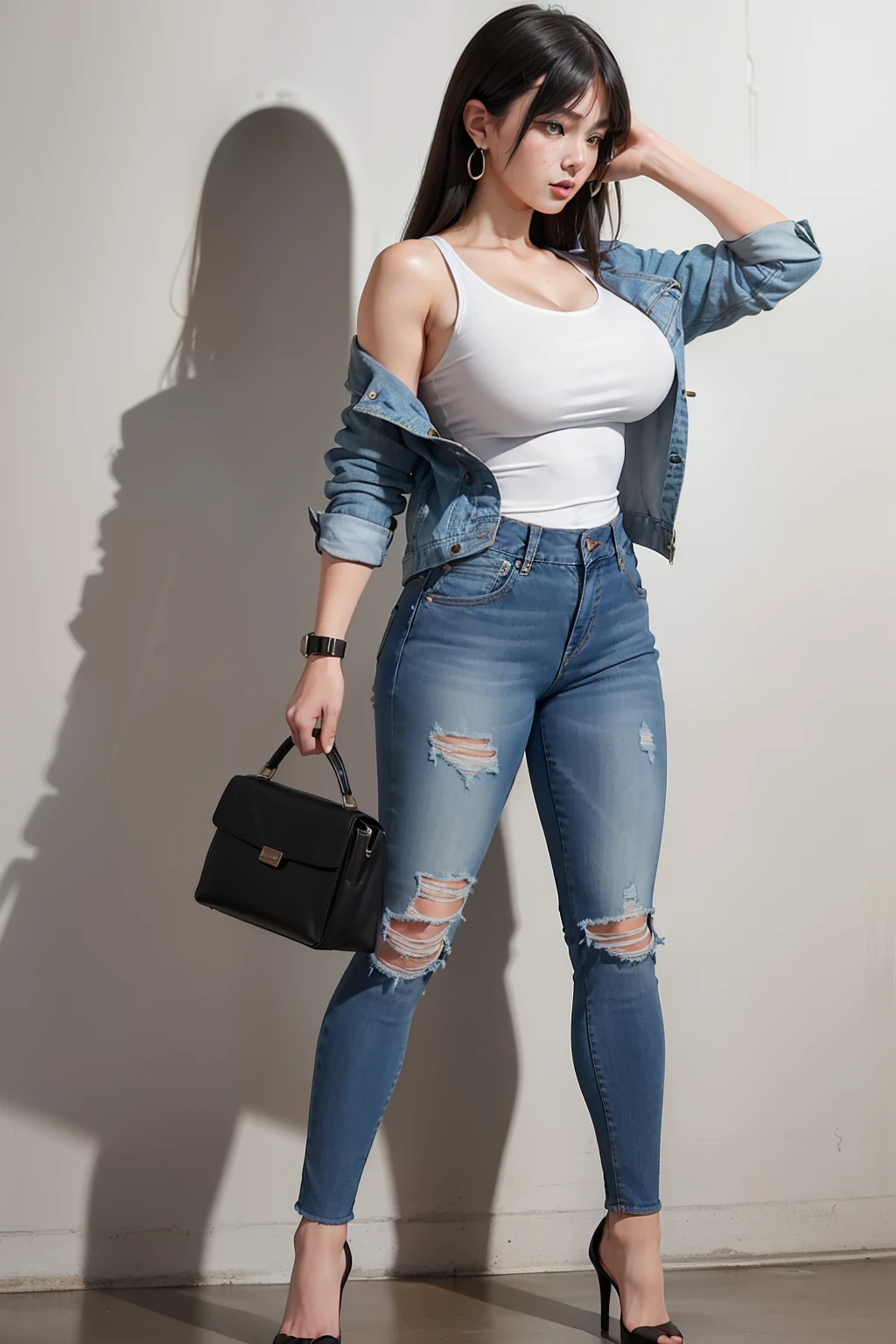 ((masterpiece, best quality, ultra-detailed, ultra-HD, photorealistic, cinematic)), ((alluring female model)), (wide shot, full body view:1.5), (Japanese-looking face), perfect body, (voluptuous body), perfect anatomy, perfect face, perfect hands, (large cleavage), round ass, long round legs, (shoulder-length straight hair with blunt-cut bangs), (jet black, sleek and modern), (a tailored denim jacket over a crisp white t-shirt, paired with fitted distressed jeans for an urban explorer look), (geometric-shaped earrings and a minimalist wristwatch), (gradient background), (sensual pose)