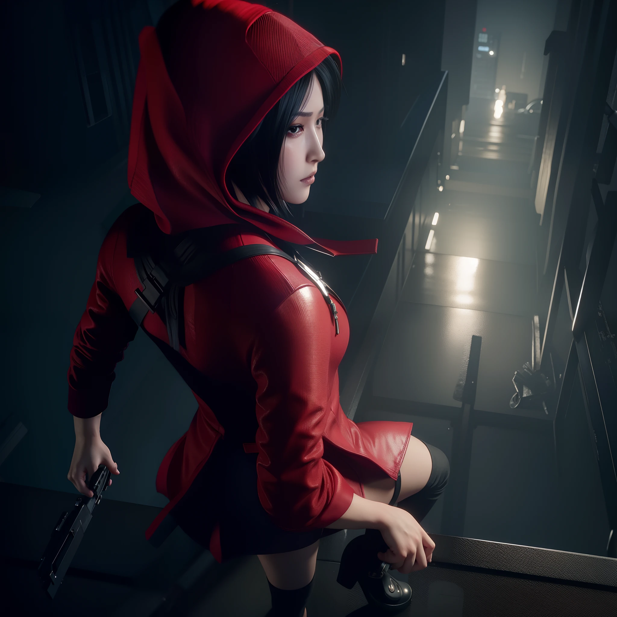 Ada wong, beautiful face, woman, bob hair, perfect Face, wearing mini red dress hoody, wearing hoody, black nail polish