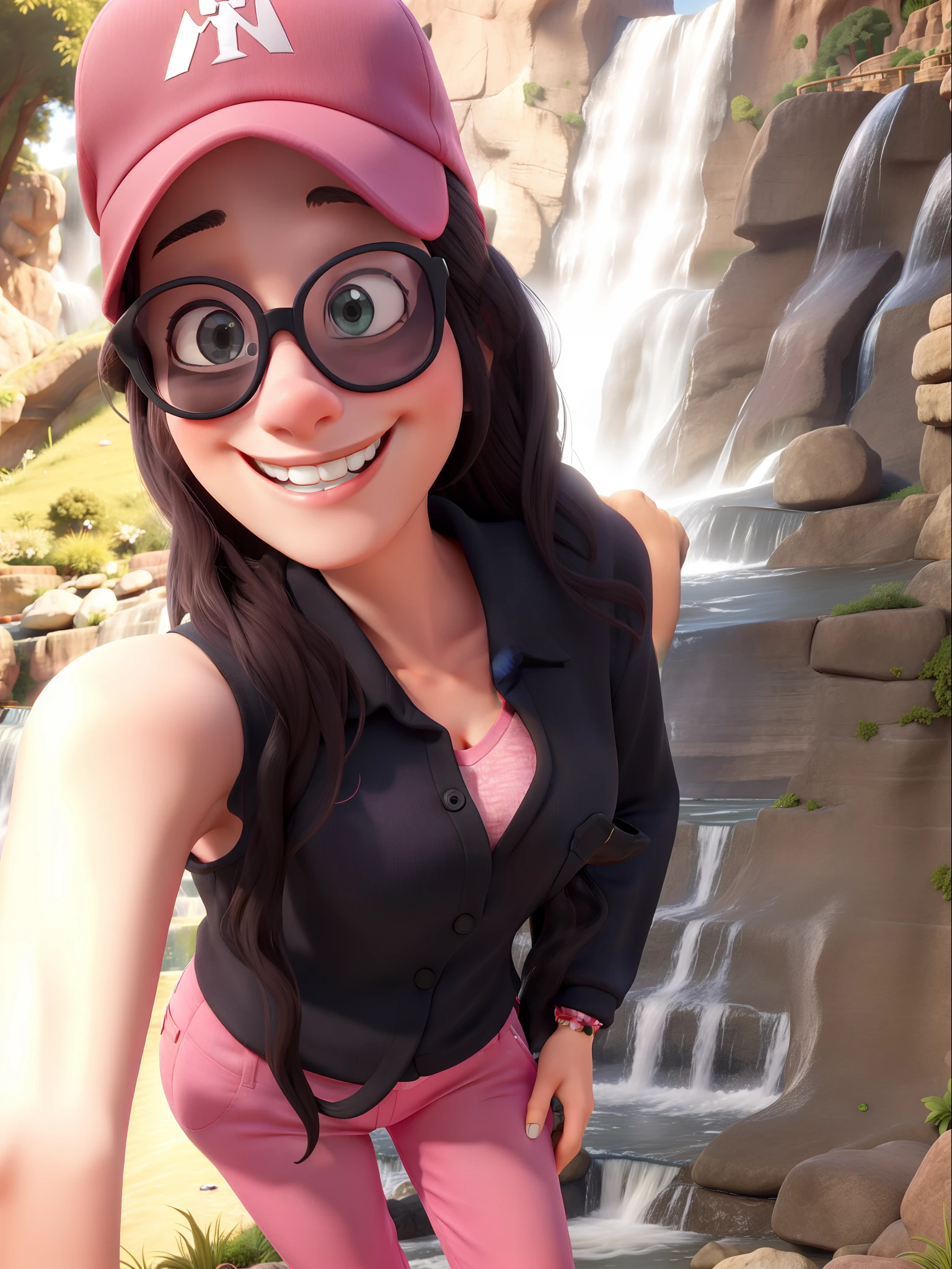 Woman in cap, pink pants and black blouse with glasses smiling at waterfall, Disney style smiling