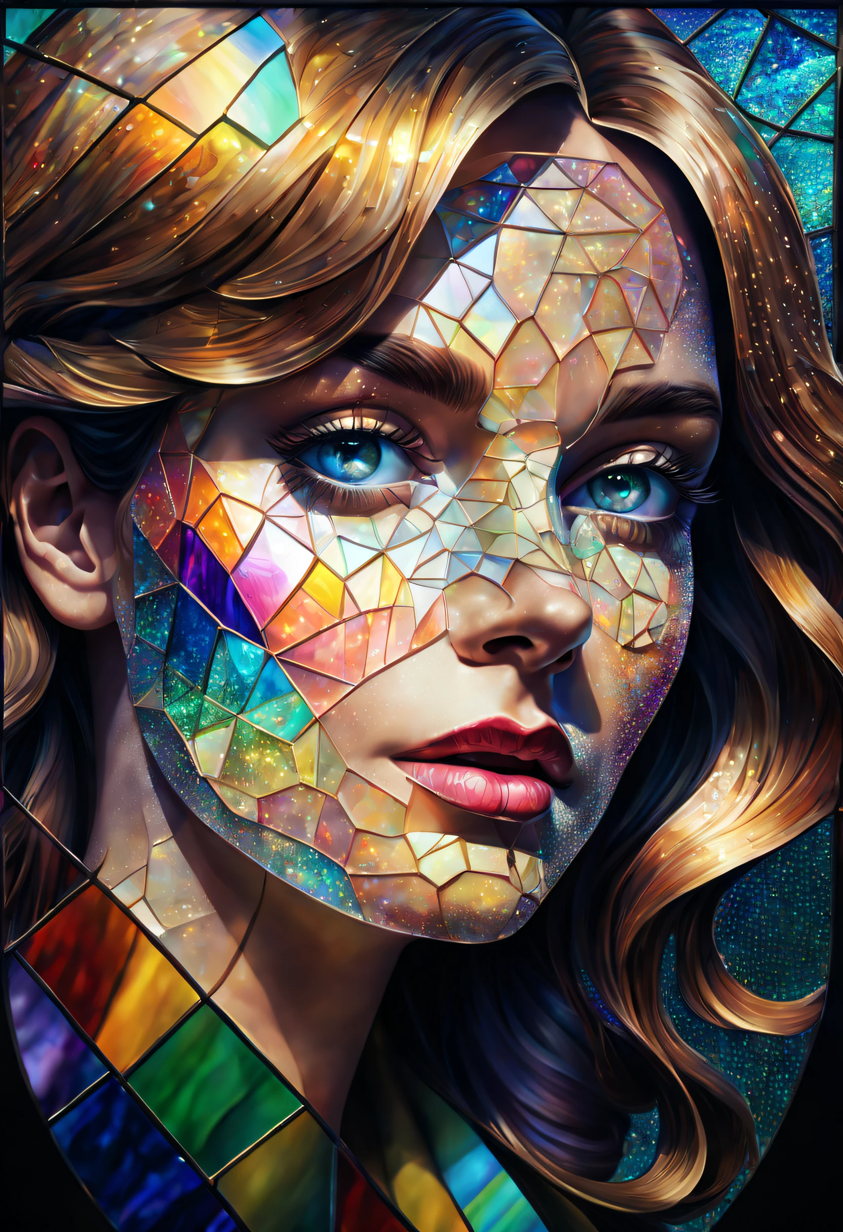 dotted female face made of stained glass optical illusion a detective painting, holography, iridescent, photo-illustration, maximalist vapor-wave, hyperrealistic, octane render, UHD, 16k, cinematic