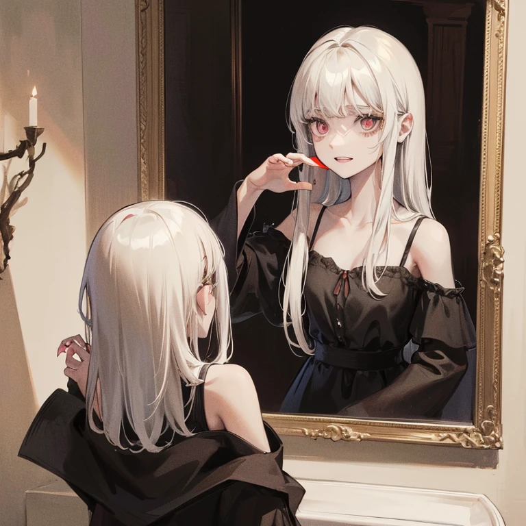 "Draw a person standing in front of an antique mirror emerging in the darkness of the night. The surface of the mirror is clouded, revealing the faint, eerie face of a horrifying woman. Her eyes glow red, and her mouth contorts in a terrifying grin. Her hand extends from within the mirror, showcasing sharp claws and a menacing palm. The surrounding space is shrouded in darkness, with creepy shadows lurking in the corners. The person in front of the mirror portrays a face twisted in fear, desperately trying to retreat from the mirror. Their expression reflects a sense of terror and despair. The overall atmosphere should be filled with fear and tension, evoking a sense of intense horror for the viewer."