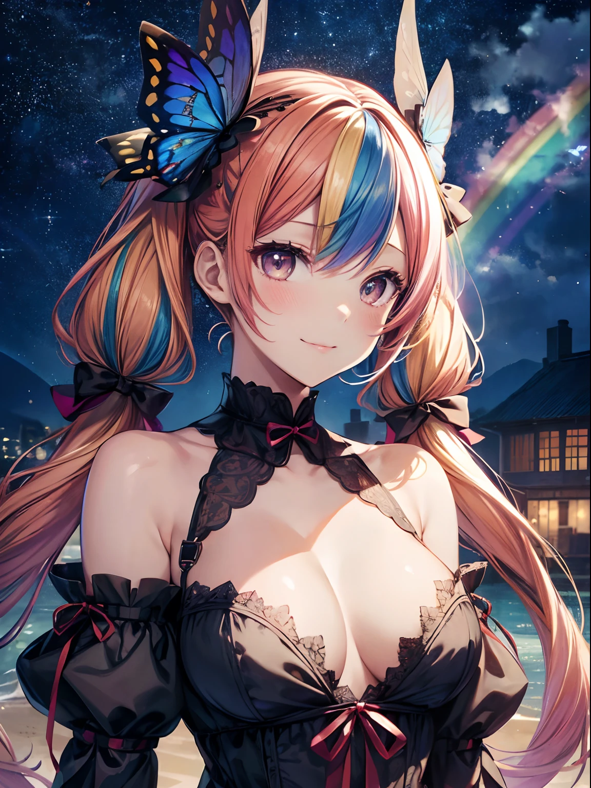 (masutepiece:1.3), (8K, Photorealistic, Raw photo, Best Quality: 1.4), Beautiful face, (Realistic face), Beautiful detailed eyes, (Realistic skin), Attractive, Intricate details,Golden ratio,  1 girl,Naughty smile, (rainbow hair:1.4),((Long twintails,Ribbon 1.4)),Gothic Lolita Fashion,(Blue butterfly hair ornament),off shoulders,Dynamic Pose,Dynamic Angle,Intricate details, Hyper realistic, Perfect Anatomy、natta、The starry sky is beautiful