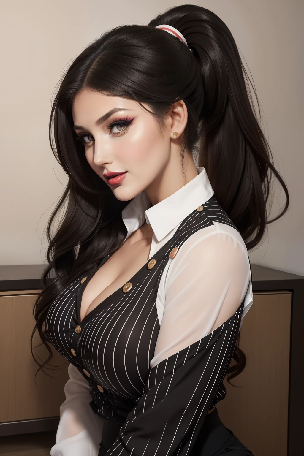 Lucy Pinder, face portrait, beautiful face, smiling, voluptuous woman, ((very intense makeup)), ((bright lipstick)), long hair, black hair, ponytail, hairstyle, short-sleeved blouse, button-down blouse , white striped blouse, black formal pants.