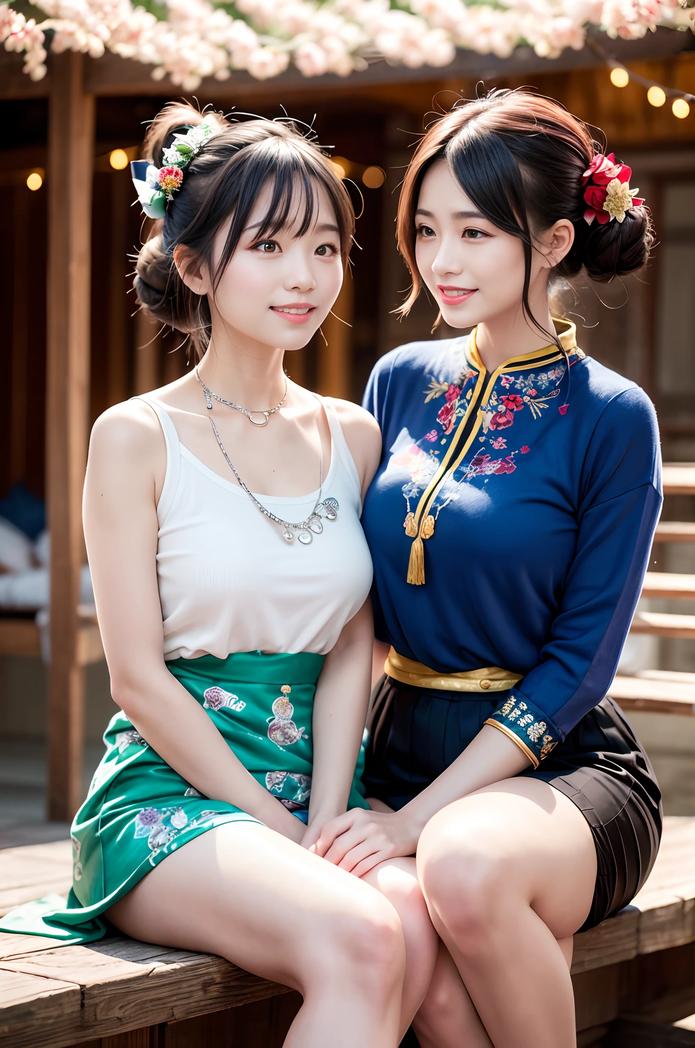 (8K分辨率,Vista full body photo),(closeup portrait of two women,sitting together,Detailed Face, front view, Look at the camera,duo,stroking,leering:1.4,20yr old,delicate face,详细的脸,Redlip,Fair smooth skin,(Classic Hmong costume:1.4,(Satin fabric with flowers,The cuffs are multi-colored horizontal strips,Cardigans,Short waist long version),Silver products,Silver necklace,silver hair clip,hair-bun),(pleatedskirt,(Hmong embroidery、batik)),耳Nipple Ring,bangle,Tall and tall,Posture of conversation,perfect hand,Ultra-fine clothing material),(Traditional Xijiang Miao village,Festive party night background in cottage,Exquisite environmental details),(exhilarated,confident smile,Rejoice),(profesional lighting,动态照明),((The colors are more balanced,(black in color,blue colors,red colour))),(Golden section,Cinema lenses,Hasselblad photograp,tmasterpiece:1.3),(Miaozhai idol,Focus on the field,trendsetting,Folklore artist,Art platform)