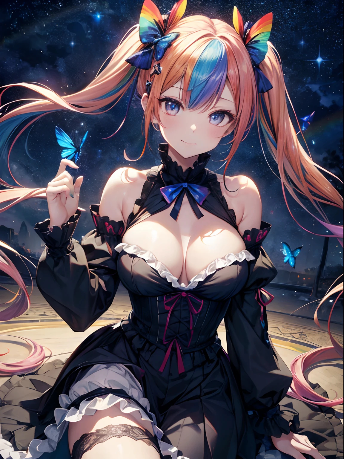 (masutepiece:1.3), (8K, Photorealistic, Raw photo, Best Quality: 1.4), Beautiful face, (Realistic face), Beautiful detailed eyes, (Realistic skin), Attractive, Intricate details,Golden ratio, 1 girl,Naughty smile, (rainbow hair:1.4),((Long twintails,Ribbon 1.4)),Gothic ta Fashion,(Blue butterfly hair ornament),off shoulders,Dynamic Pose,Dynamic Angle,Intricate details, Hyper realistic, Perfect Anatomy、natta、The starry sky is beautiful