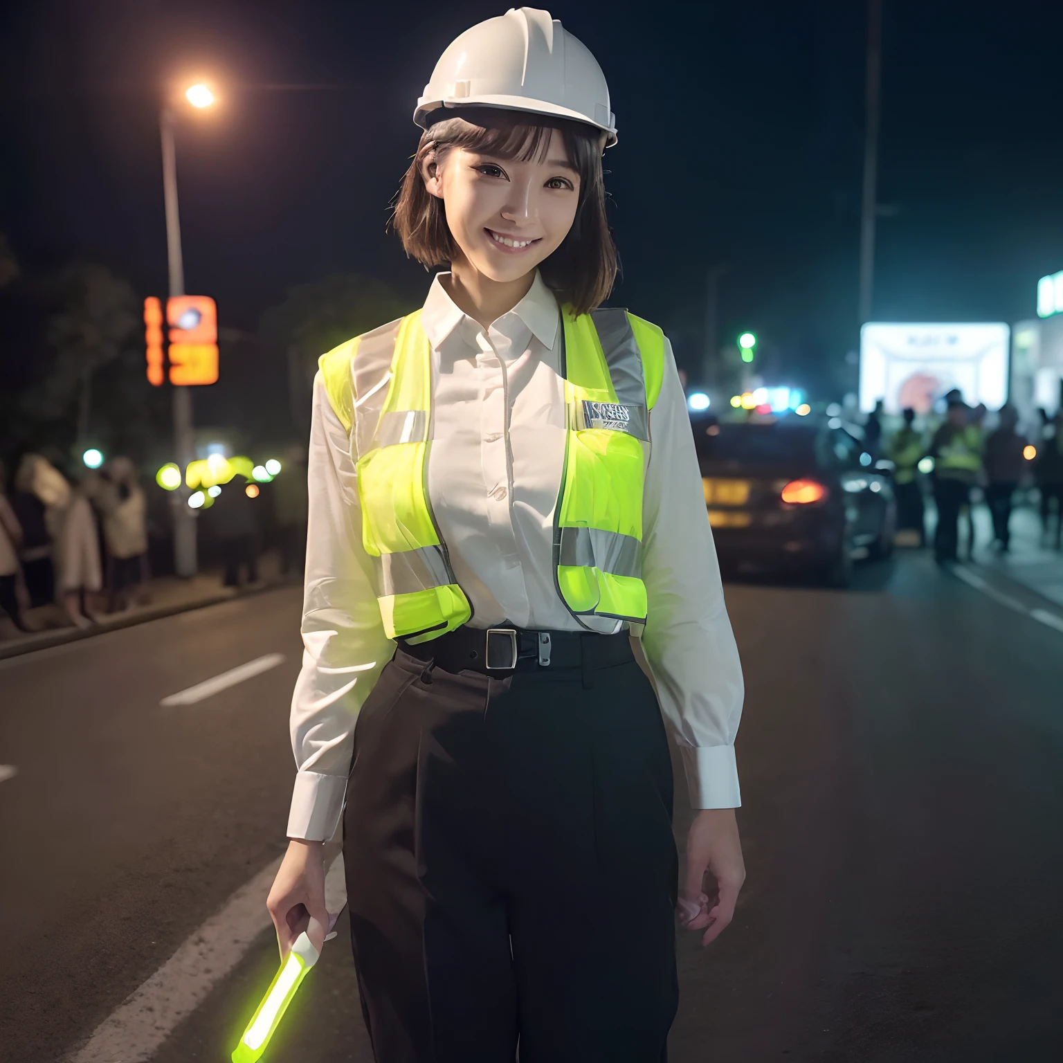 (((Best Quality, masutepiece, 超A high resolution、The most complex and detailed depictions)))、(1 Female traffic mechanic、1 Female traffic mechanic、smil、Beautiful smile、Standing on the road at night、Standing on the side of the road、Stand on the edge of the road、Perform a transportation update、Women engaged in transportation maintenance)、((((Dressed as a traffic mechanic))))、(((Security guard-style long-sleeved shirt、Long sleeve shirt、Uniform trousers、Yellow reflective material、Wear a glowing safety vest、Construction safety vest、wearing helmet、He wears a white helmet on his head、Wear a navy armband on your arm、He holds a glowing security stick in one hand、Holding a precise baton in one hand、Grip one thick glowing stick、Holding a glittering baton in one hand)))、straight haired、Smile at the camera、Perfect gas chamber、a dark night、background is city at night、standing on the road、Take a photo above from your lap、Perfect fingers、large full breasts、Emphasize body lines、Perfect shiny hair and skin、perfect anatomia、short-hair