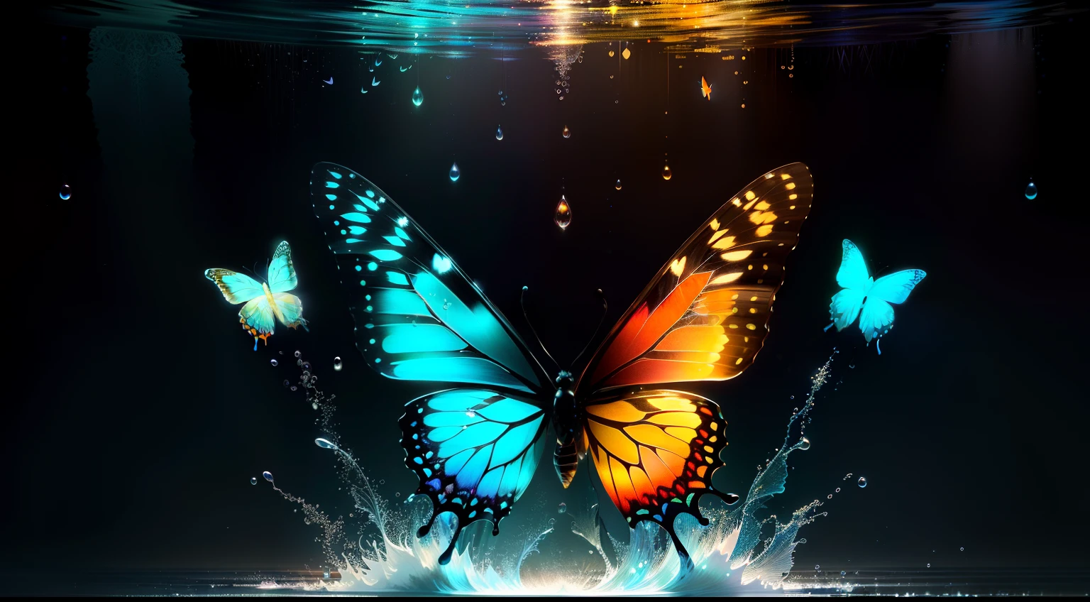 high quality, highly detailed, 8K Ultra HD, orange butterfly made of water spray, In this enchanting artwork, the very essence of water transforms into ethereal butterflies, each droplet gracefully adorning the wings of a butterfly in flight, The translucence of the water captures the delicate beauty of the butterfly, intricate patterns, aquatic butterflies, enchantment, their ephemeral forms suspended in time, the play of light on their wings adds a touch of magic, turning ordinary droplets into a symphony of aquatic butterflies, dancing in the realm where water meets whimsical flight, by yukisakura, awesome full color