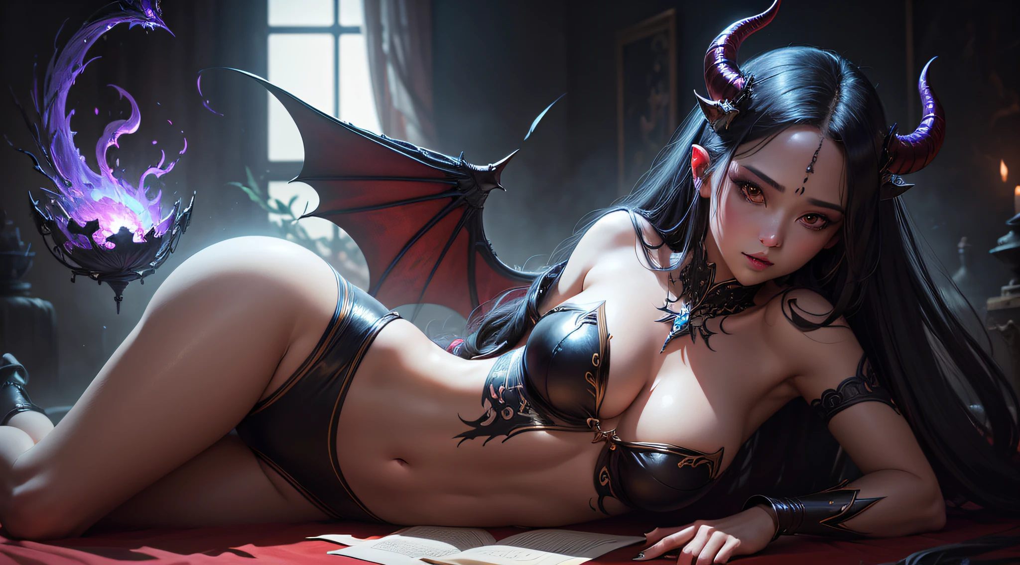 A beautiful and seductive enchantress, Fantasy background, Red skin,horn, Demon wings, captivatinggaze,  Succubus Tail, Sexy body, Break,Detailed,Realistic,4k highly detailed digital art,rendering by octane, Bio-luminescence, Break free from 8K resolution concept art, Realism,by Mappa Studios,Masterpiece,Best quality,offcial art,illustration,清晰的线条,(Cool_Color),Perfectcomposition,absurderes, fantasy,Focused,rule of third