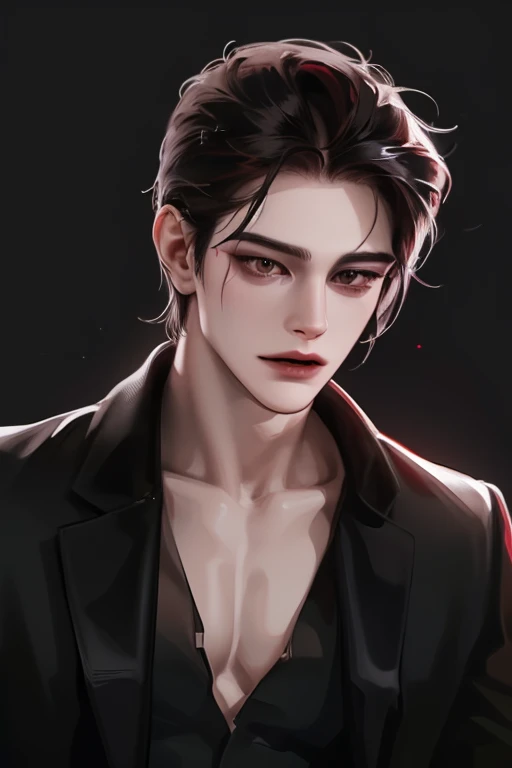 photography of a sexy man, a solo man, (((man))), ((masculine face)), 25 years old, vampire, bad boy, handsome, realistic, (red eyes), expressive look, black hair, long bangs, rose pale lips, (((dark background))), (((city backgtound))), shine hair, angular jaw, broad shoulders, tall, muscular, strong, shaven, black suit, black shirt, super detailed face, perfect body, perfect shapes, realistic image, award winning photography, 8k, (((perfect shiny eyes)))