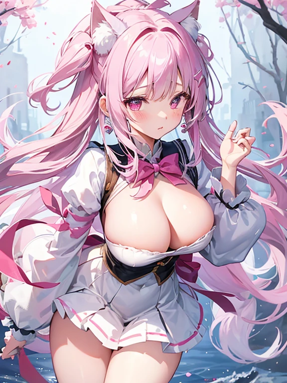 1人、爆乳、Garnet's sparkling eyes、white hair、fluffy and soft hair、Half Twin、Yumekawa、a miniskirt、frilld、bow ribbon、pink sailor suit、unicorn、PastelColors、fluffly、云、Large ribbon、Pink lip、Star Earrings、pink there、爆乳、cleavage of the breast、Enchanted breasts、Enchanted thighs、It's wet、Transparent